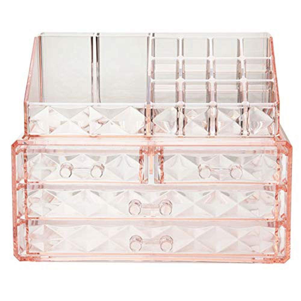 Clear Acrylic Jewelry Organizer Box with Drawers & Hanging Necklace Holder - Pink Makeup Storage Chest | Perfect for Bedroom Vanity, Closet Organization & Travel Jewelry Case