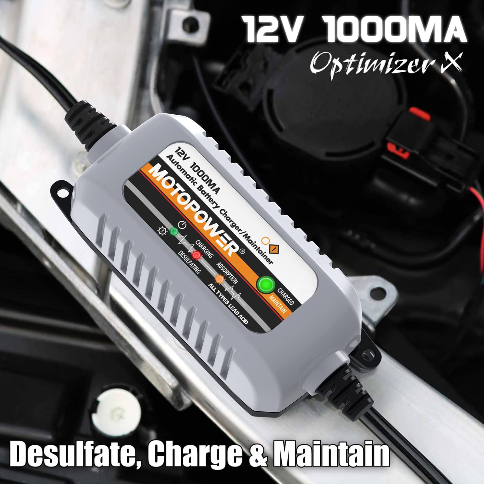 MOTOPOWER MP00205B 12V 1000mA Automatic Battery Charger & Maintainer with Trickle Charge & Desulfator - Timer Protection - Grey - Perfect for Cars, Motorcycles, Boats & RV Batteries