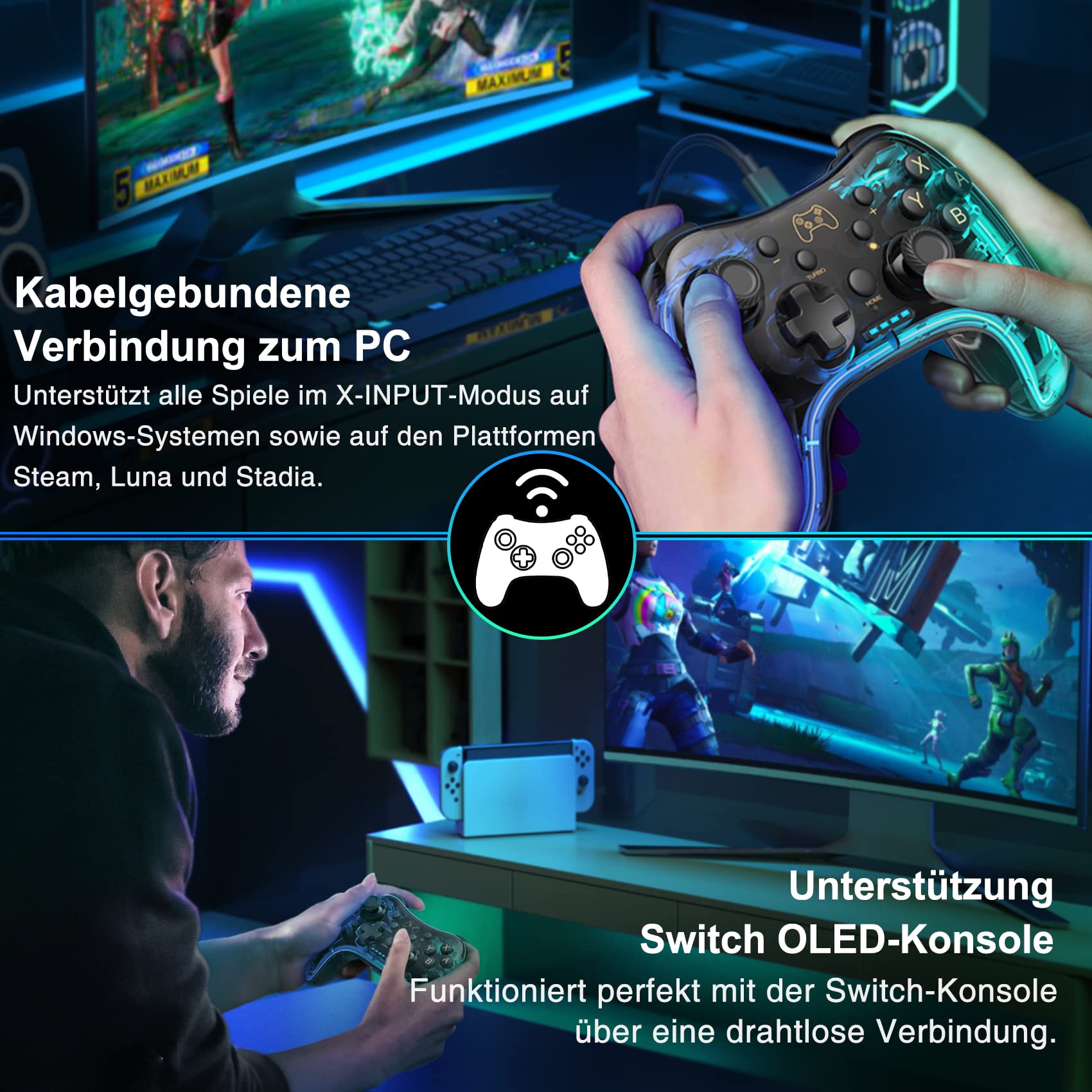 HASACOOL Wireless Switch Pro Controller, Transparent Glow-in-the-Dark Gamepad with Wake-Up Function & App Control - Compatible with Nintendo Switch/Switch Lite/Switch OLED, Android, iOS & PC - Perfect for Gaming, Streaming & Multiplayer Sessions