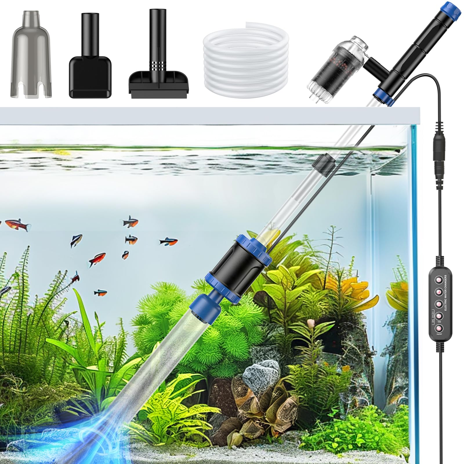 4-in-1 Aquarium Siphon Vacuum Cleaner - Manual Fish Tank Gravel Cleaner for Water Changes, Sand Cleaning & Waste Removal | Perfect for Freshwater & Saltwater Tanks, Home Aquarium Maintenance