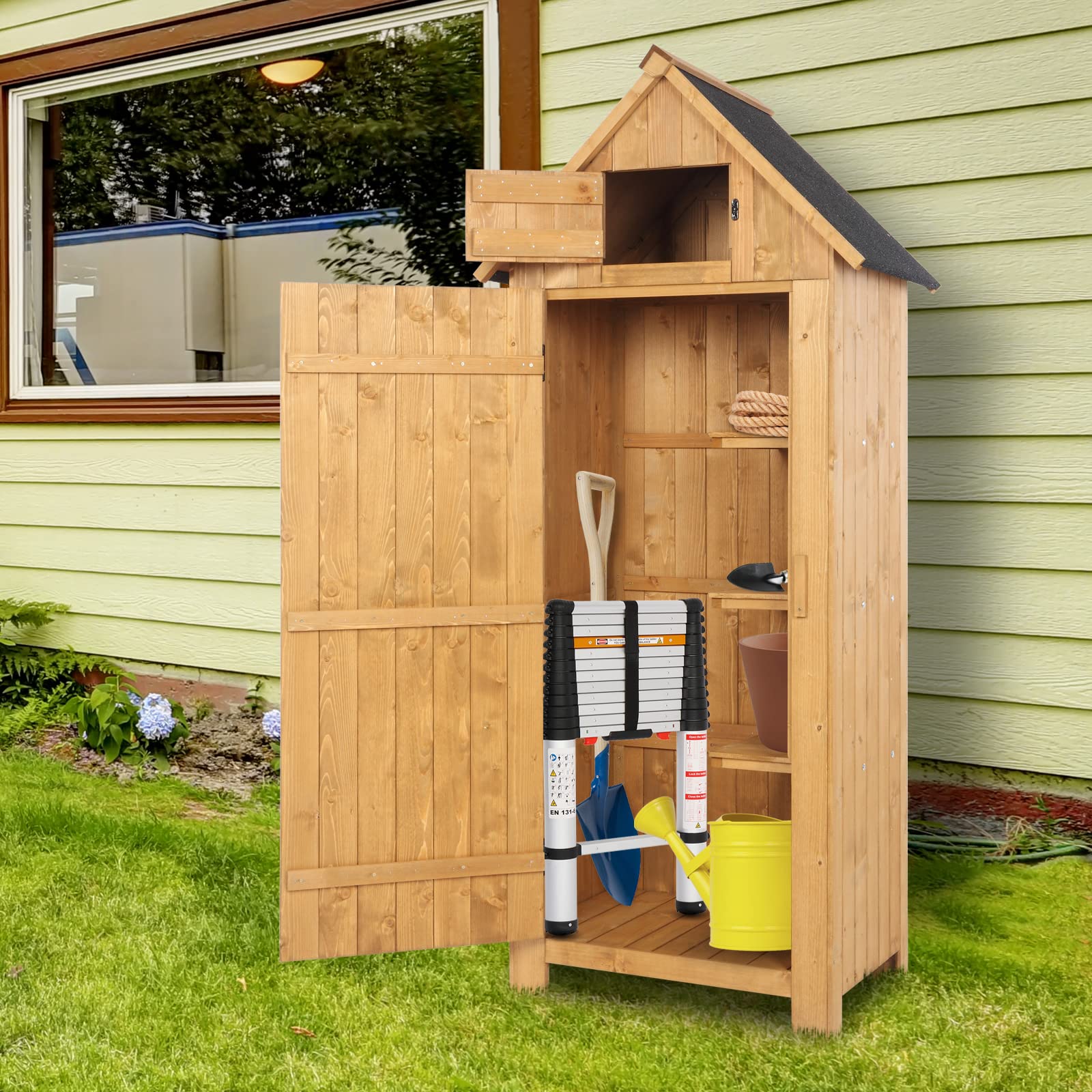 VINGLI Outdoor Wooden Storage Shed - Waterproof Garden Shed with Safety Latch, Heavy-Duty Tool Cabinet for Patio, Backyard & Lawn Equipment Organization (Teak Wood) | Perfect for Storing Gardening Tools, Pool Supplies & Seasonal Decor
