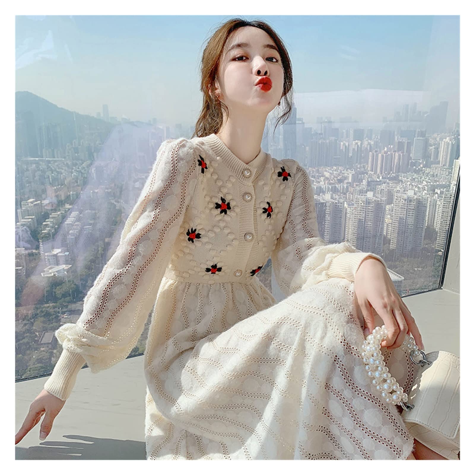 SKREOJF Women's Knit Sweater Dress with Embroidery - Slim Fit Long Sleeve Party Dress for Fall & Winter | Perfect for Holiday Gatherings, Office Wear & Date Nights (Color A, Size S)
