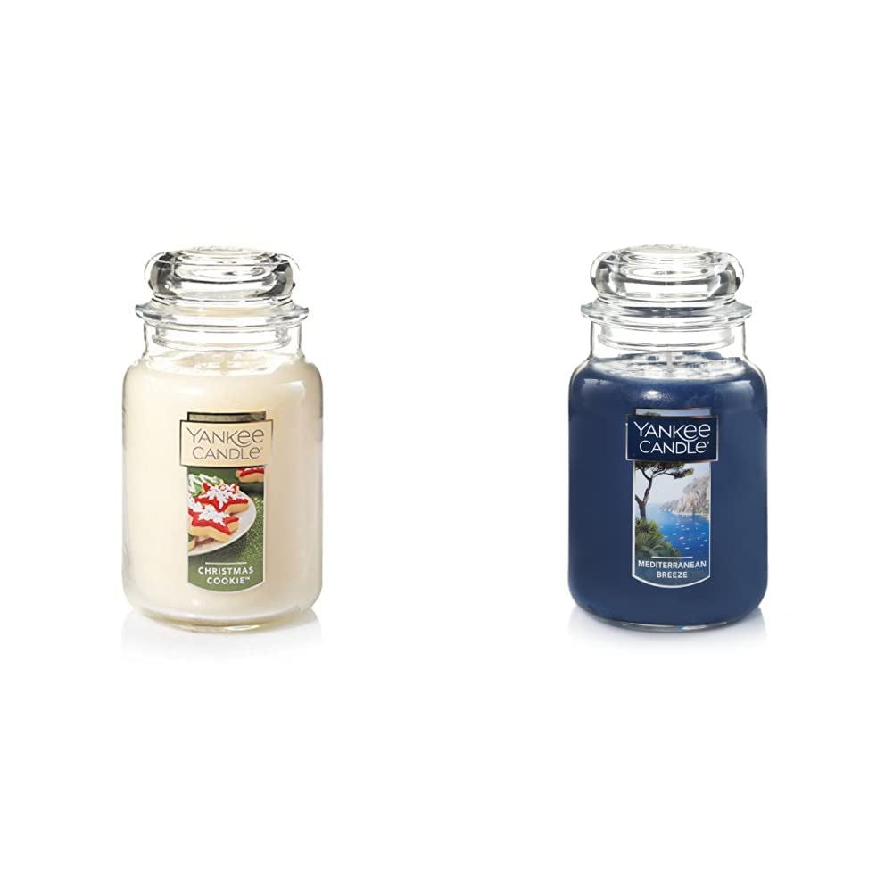 Yankee Candle Large Jar Candle - Christmas Cookie & Mediterranean Breeze Scent - 14.5oz Blue Home Fragrance for Holiday Decor, Gifts & Relaxation