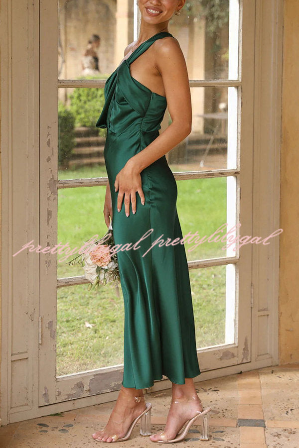 Elegant Carrie Satin One Shoulder Midi Dress with Twist Detail - Perfect for Cocktail Parties, Date Nights & Special Occasions