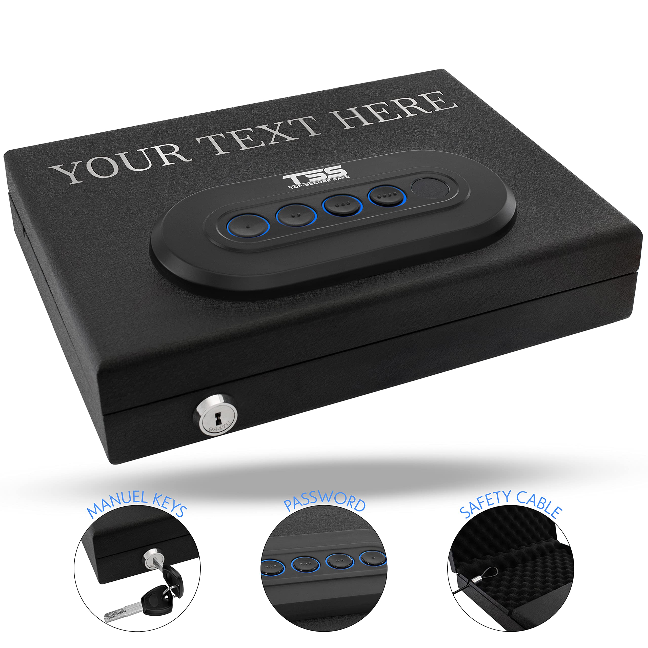 Personalized Gun Safe with Custom Text | 14 Font Options | Quick-Access Handgun Safe for Pistols with Digital Keypad & Backup Key Lock - California DOJ Certified | Perfect for Home, Office & Vehicle Security - Great Birthday Gift for Husband & Men