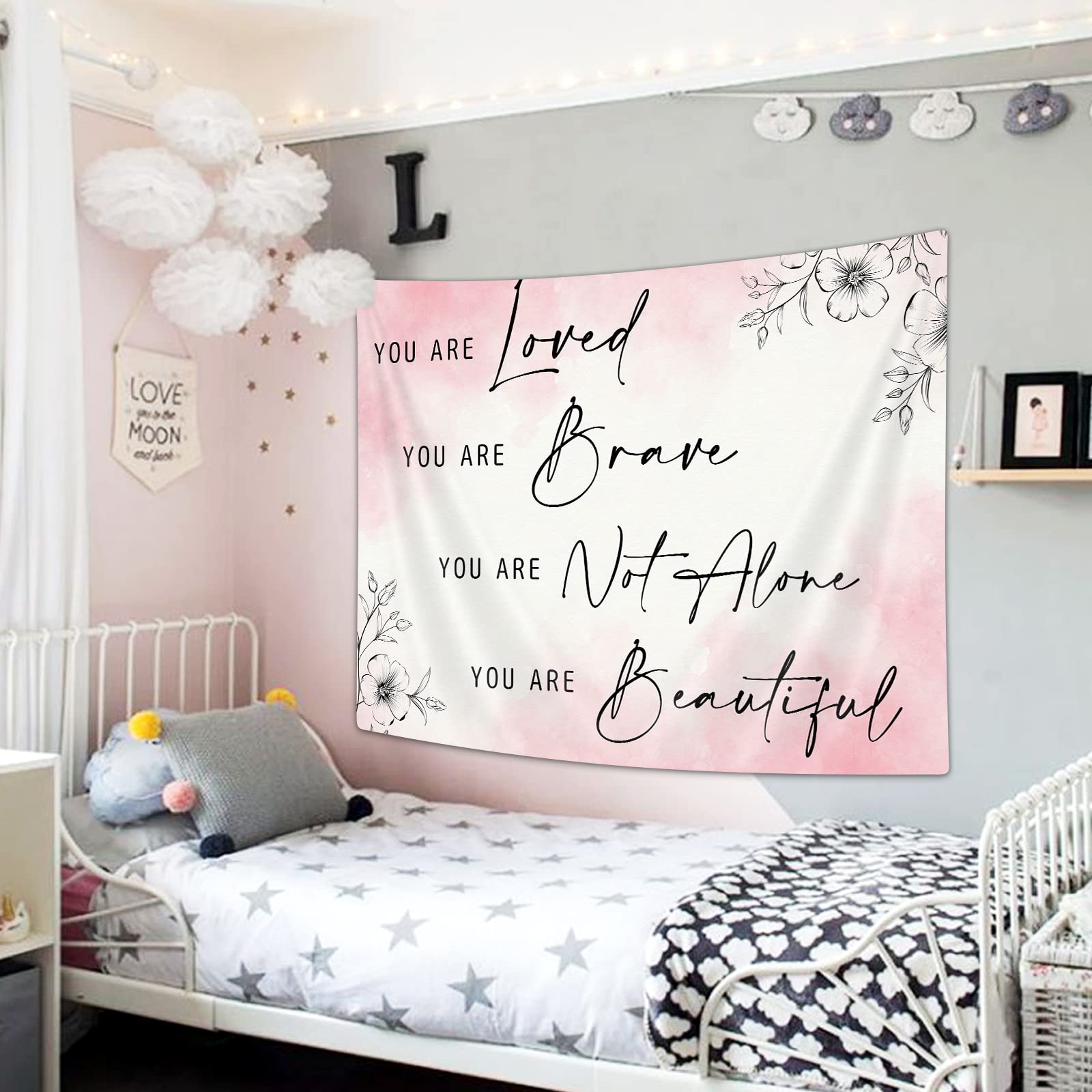 Floral Pink Inspirational Tapestry - 60x40 Inch Positive Affirmation Wall Hanging for Teen Girl Bedroom & Women's Living Room Decor | Aesthetic Quote Tapestry for Dorm, Yoga Studio & Meditation Space