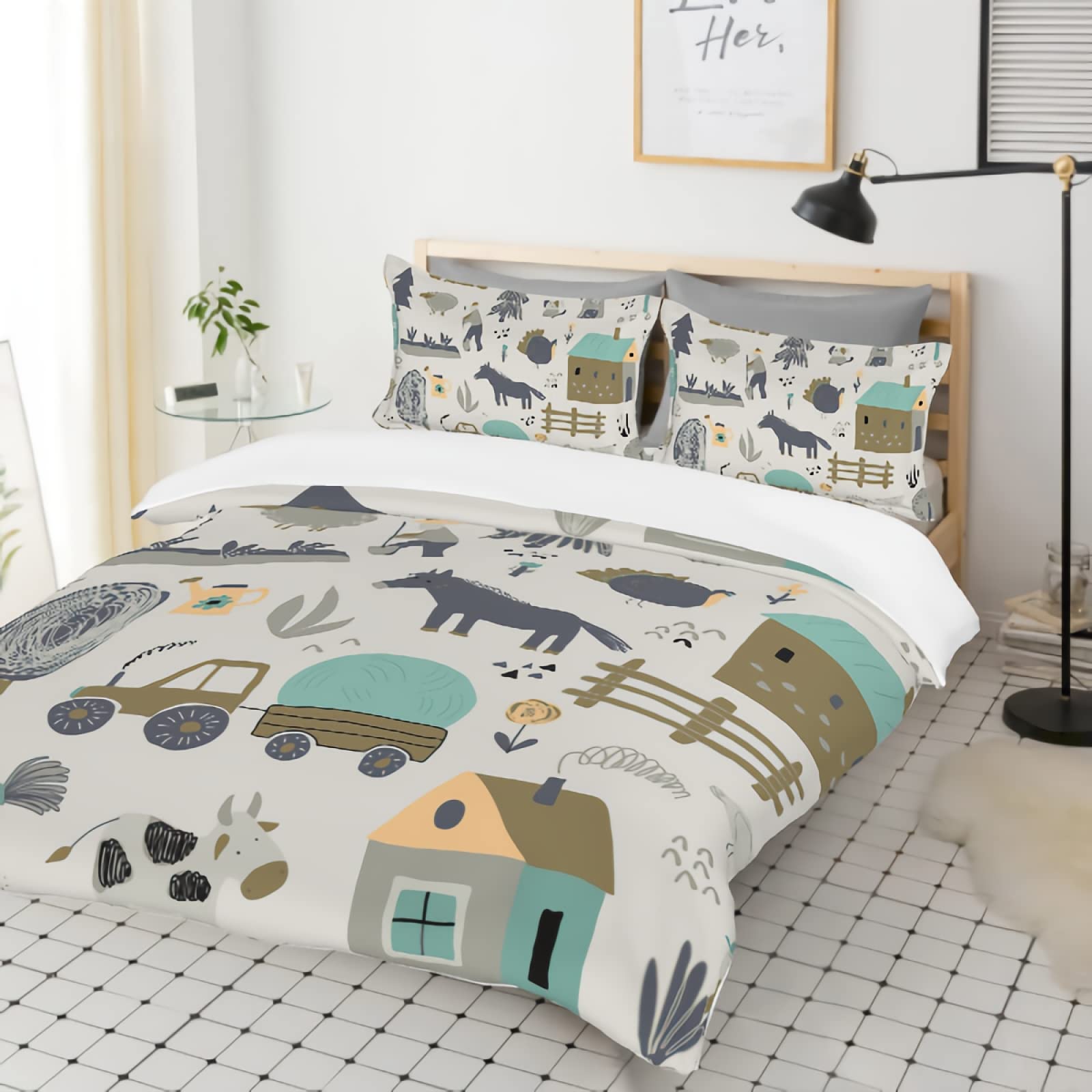 Happy Farm Animal Print Duvet Cover Set for Kids - Cute Horse Design Twin Size Bedding with 1 Comforter Cover & 2 Pillowcases - Perfect for Girls & Boys Room Decor, Teen Bedroom, Nursery or Farmhouse Theme