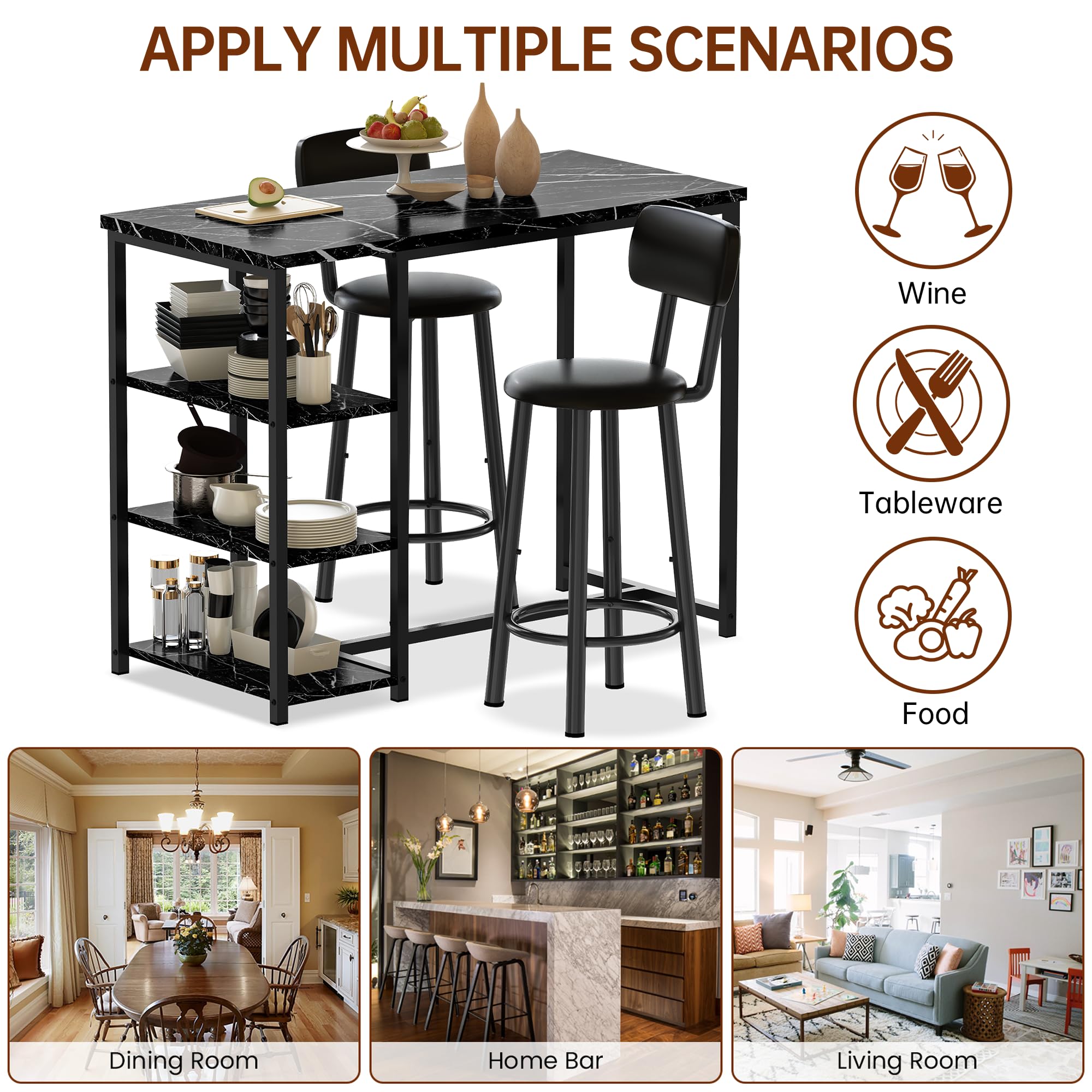 2-Piece Counter Height Pub Table Set with 2 PU Leather Bar Stools & 3 Storage Shelves - Small Space Dining Solution for Kitchen, Bar or Apartment | Perfect for Entertaining, Breakfast Nook & Compact Living Spaces