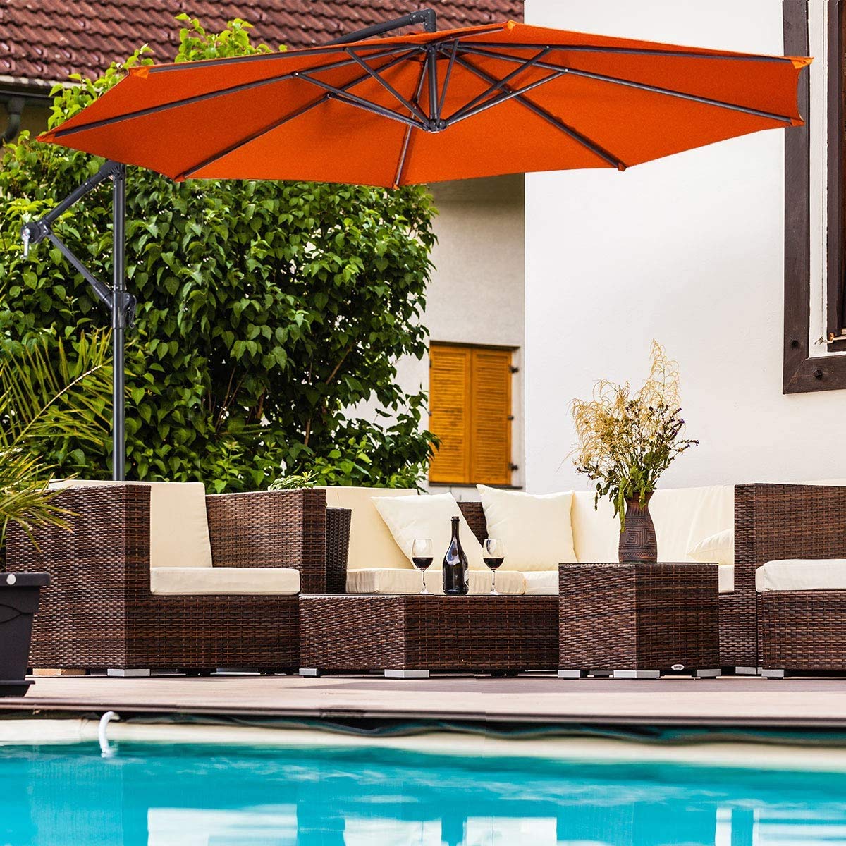 Byroce 10 FT Offset Hanging Patio Umbrella - Outdoor Polyester Cantilever Umbrella with Sturdy Frame & Adjustable Tilt - Perfect for Garden, Deck, Backyard, Poolside, Beach and Outdoor Dining Areas