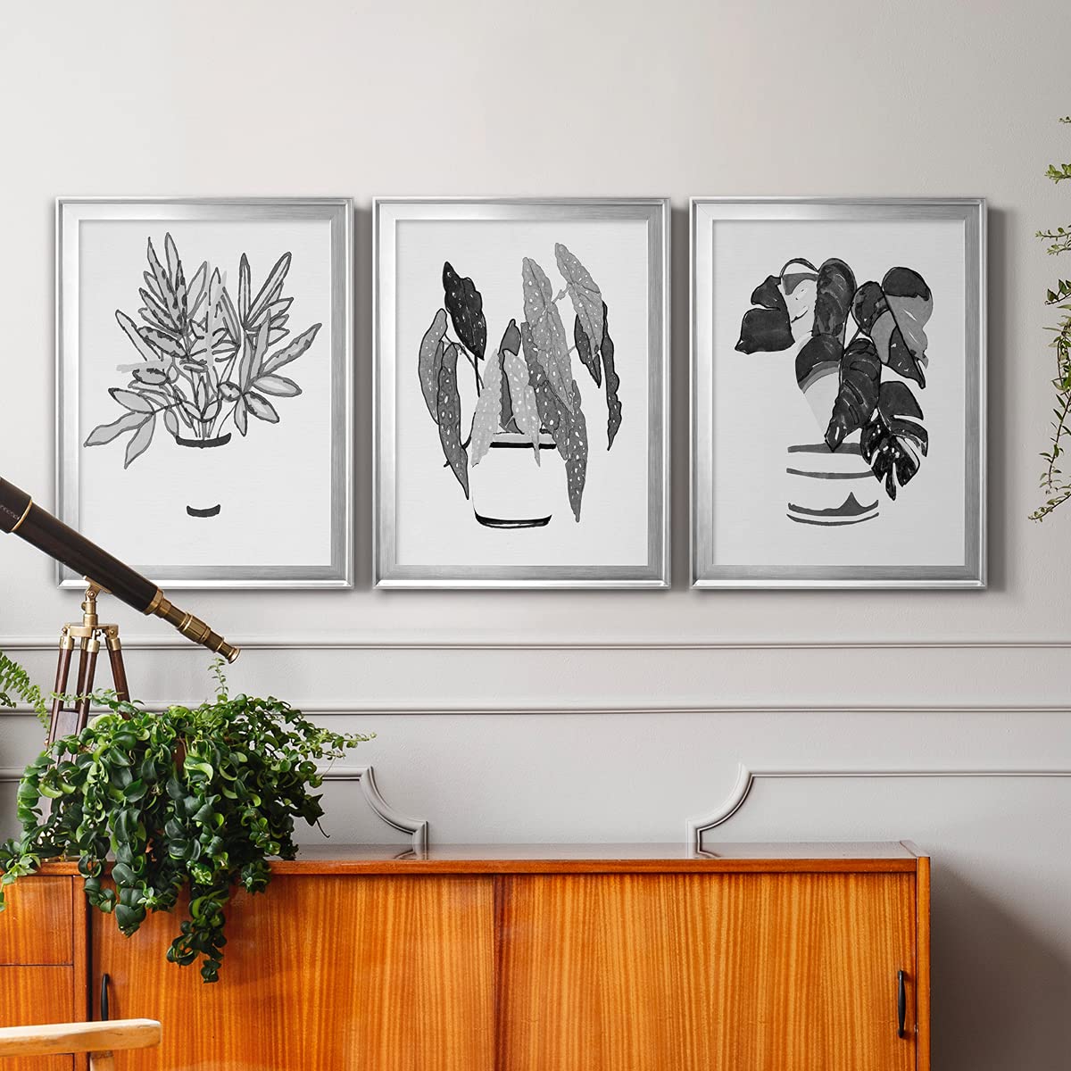 Rustic Contemporary Wall Decor Set - 3-Piece Silver Framed Canvas Art (18x24 Inches) for Bathroom, Living Room & Bedroom | Scandanavian & Latin Inspired Black & White Indoor Plant Prints - Perfect for Home & Office Decor
