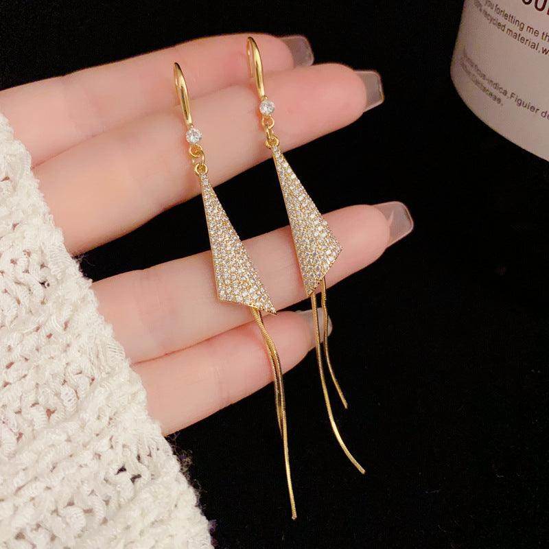 Stylish Miniature Zircon Triangle Drop Earrings with Long Tassel - Perfect for Parties, Weddings & Evening Events (Ear Hook Design)
