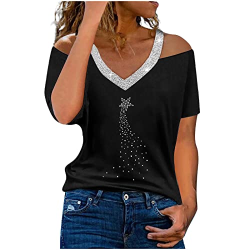 Women's Summer V-Neck Off Shoulder Short Sleeve Raglan T-Shirt - Bright Drill Print Casual Top Blouse for Women (Black, Medium) | Perfect for Beach Outings, Music Festivals & Everyday Wear