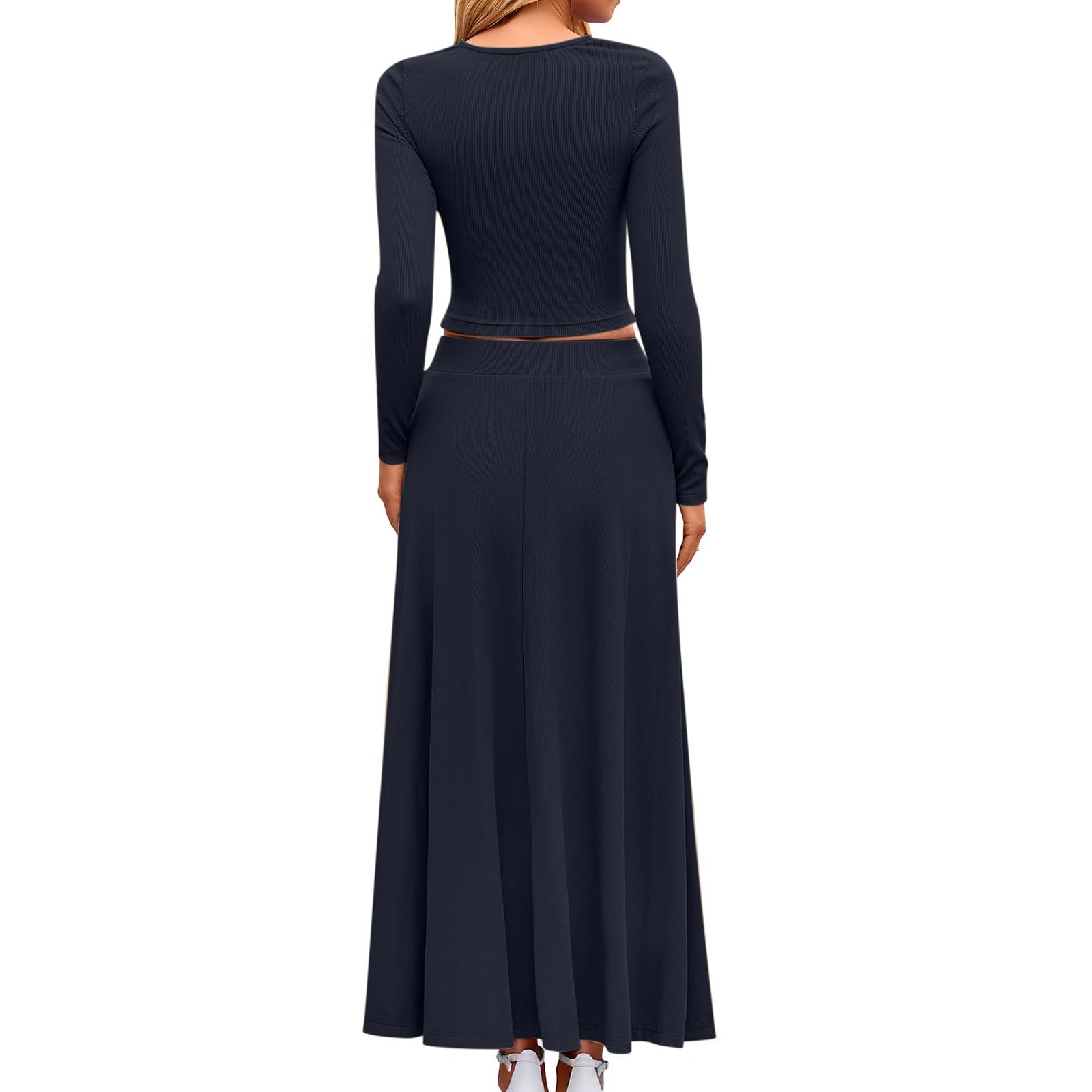 Women's 2 Piece Outfits - Long Sleeve Tops & Maxi Skirt Sets, Ribbed Knit Matching Lounge Set, Comfy Dressy Loungewear for Casual Wear, Date Night & Relaxing at Home