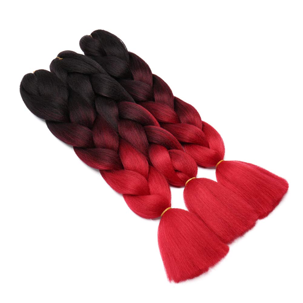 Benehair Ombre Braiding Hair 3 Bundles - 24inch Jumbo Synthetic Braid Hair Extensions for Women | Pre-Stretched High Temp Resistant Braiding Hair (Black+Wine Red+Red) | Perfect for Protective Styles, Box Braids & Crochet Hairstyles