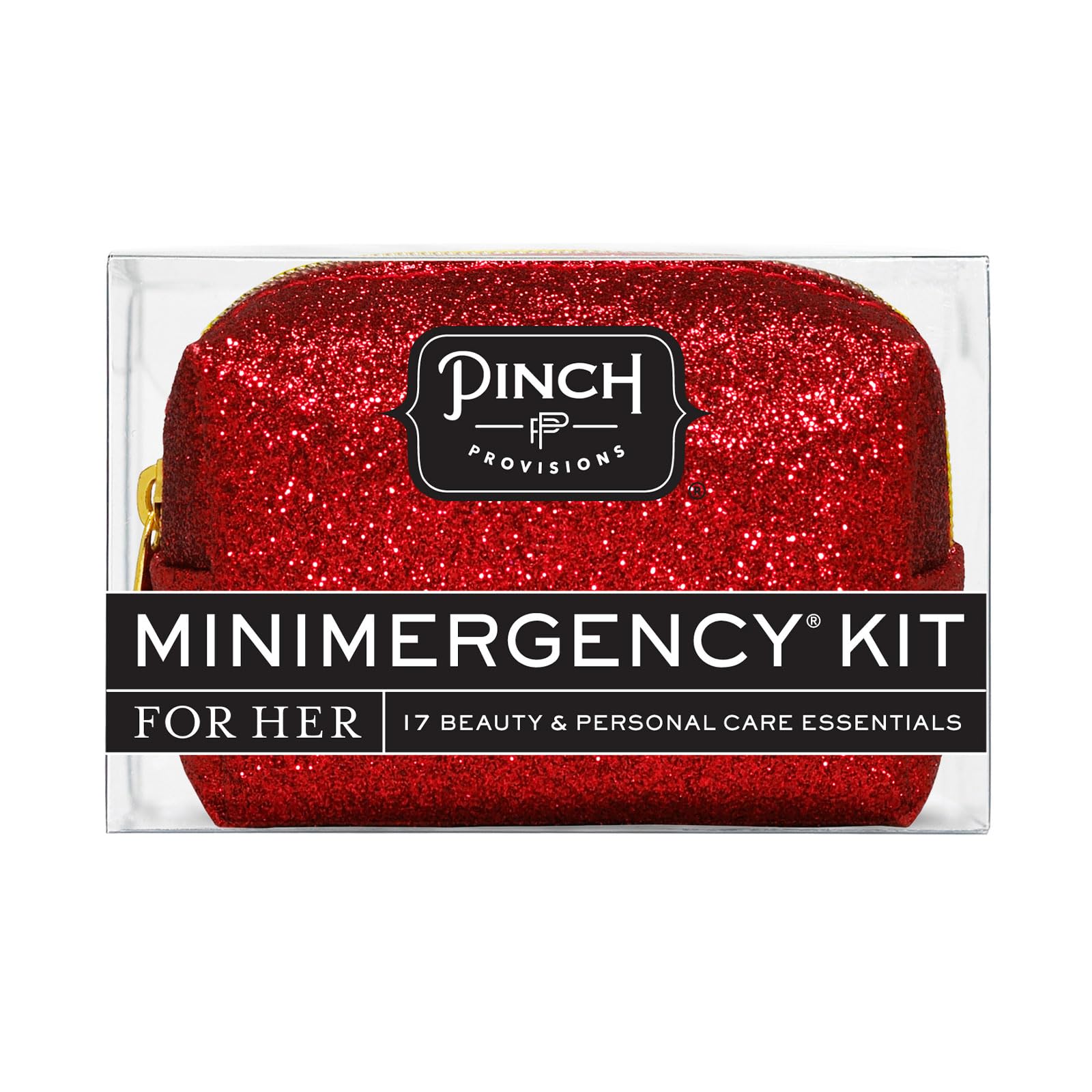 Pinch Provisions Glitter Minimergency Kit - 17 Travel-Sized Cosmetic Essentials for On-the-Go Beauty | Perfect for Purses, Travel, and Emergency Touch-Ups | Great Holiday & Birthday Gift Idea (Red) | Ideal for Traveling, Parties, and Everyday Carry