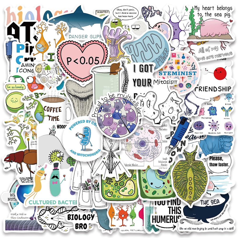 50Pcs Funny Biology Stickers for Adults & Kids - Waterproof Vinyl Science Stickers for Water Bottles, Laptops, Notebooks - Perfect for Teachers, Students, Classroom Decor & Science Enthusiasts - Great for School Projects, Lab Equipment & Science-Themed Gifts