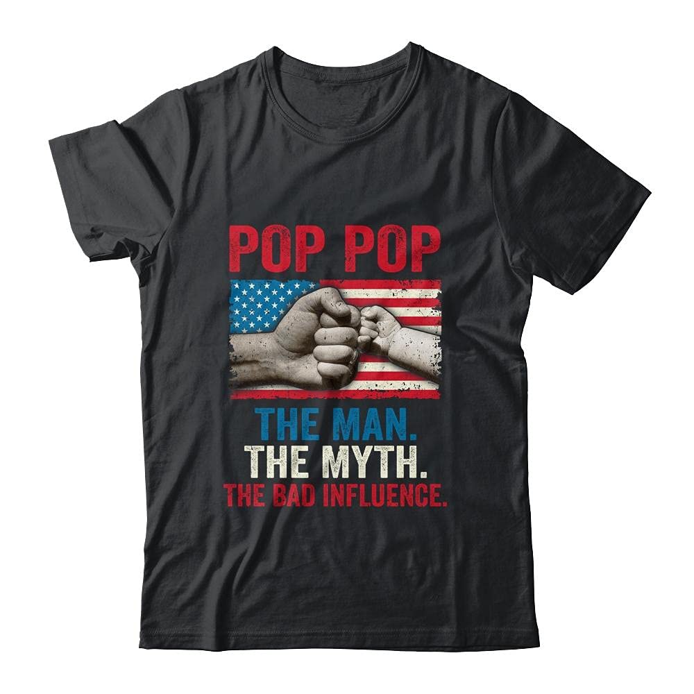 TeesMind Men's American Flag Graphic T-Shirt - Short Sleeve Casual Tee with 'Pop Pop The Man The Myth The Bad Influence' Print | Patriotic Streetwear for Summer, Parties & Fourth of July Celebrations
