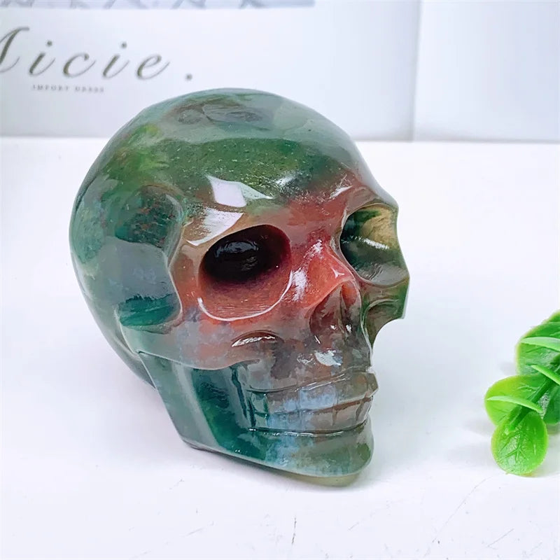 Natural Moss Agate Skull Carving Sculpture - Healing Crystal Gemstone Art for Home Decor, Meditation & Spiritual Healing - 1 Piece (399g) | Perfect for Yoga Spaces, Altars & Gothic Home Décor