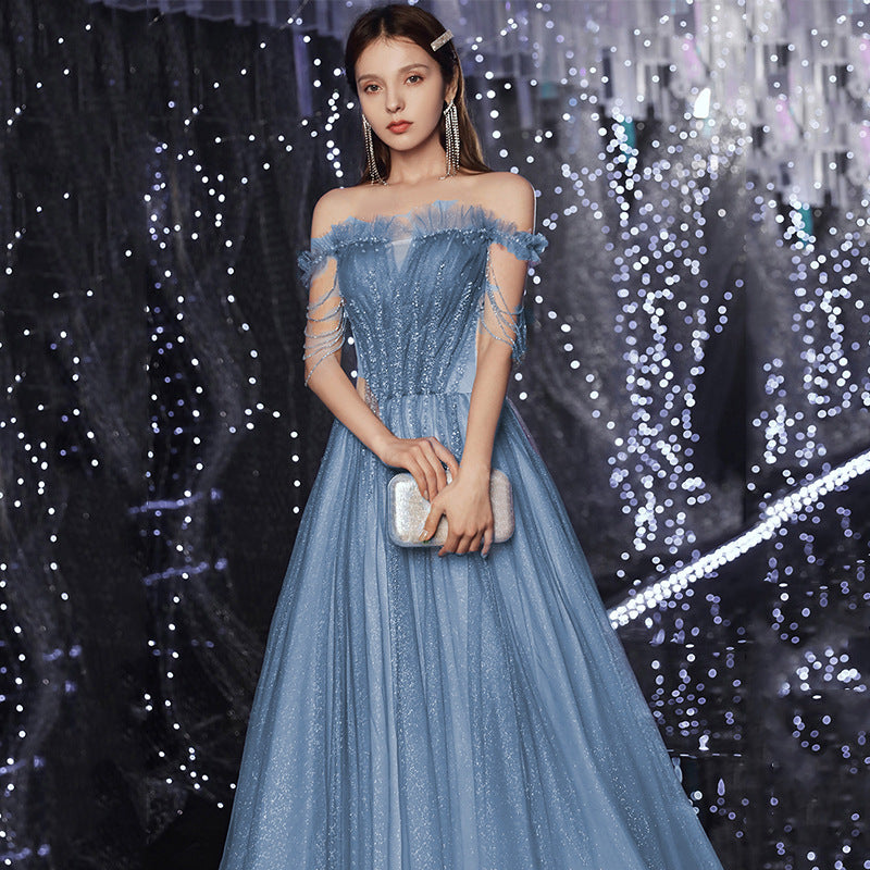 Elegant Off Shoulder Shiny Blue Tulle Prom Dress - A-Line Long Formal Evening Gown for Homecoming, Wedding, Ball & Special Occasions | Style 638