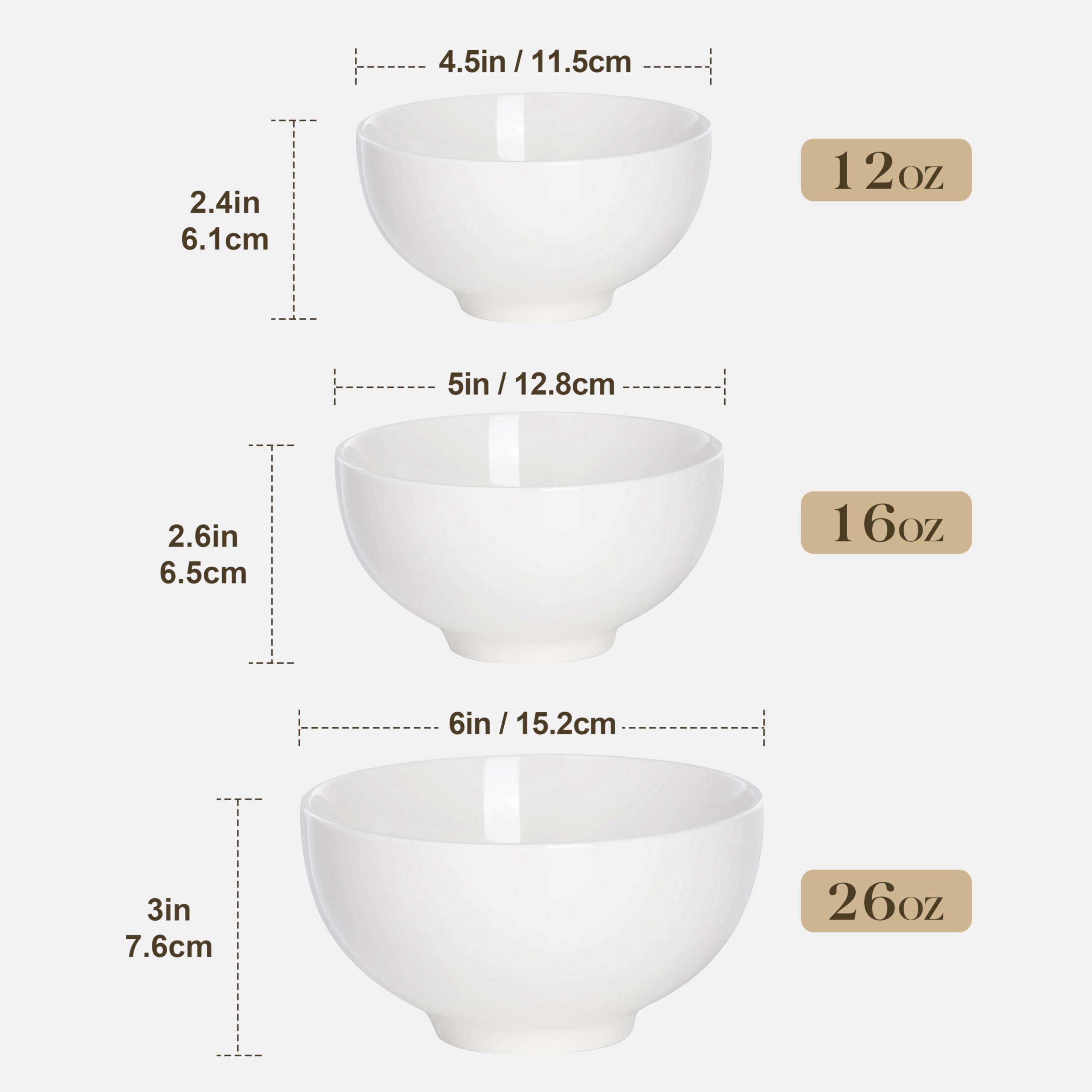 8-Pack 10oz White Porcelain Bowls - Dessert, Ice Cream & Snack Bowls for Kitchen, Dishwasher Safe
