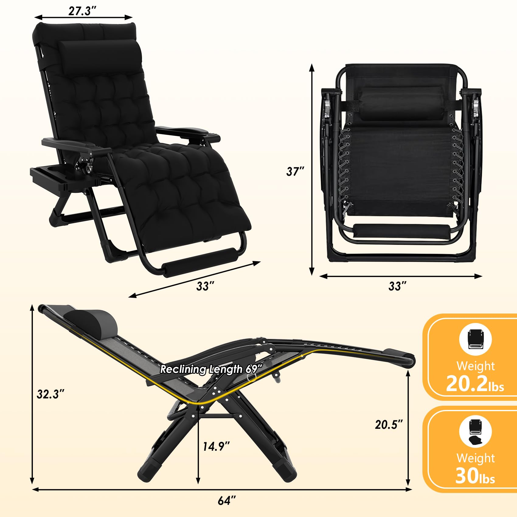 **Slendor XXL Zero Gravity Lounge Chair - 33In Oversized Padded Recliner for Patio, Lawn & Backyard - Heavy Duty 500lbs Capacity - Aluminum Alloy Lock, Headrest & Cup Holder - Perfect for Relaxing, Sunbathing & Outdoor Lounging**