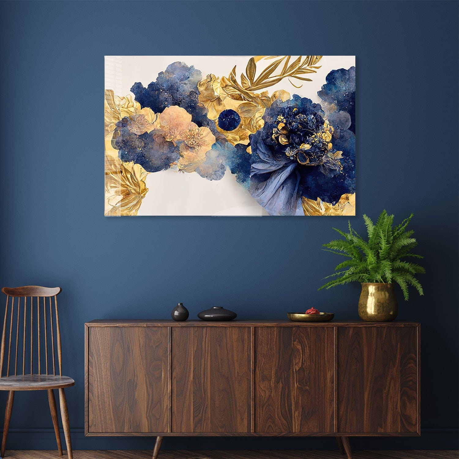 Yellow Blue Floral Tempered Glass Wall Art - Modern Home Decor for Living Room, Bedroom & Office - Shatterproof Glass Painting for Stylish Interior Design