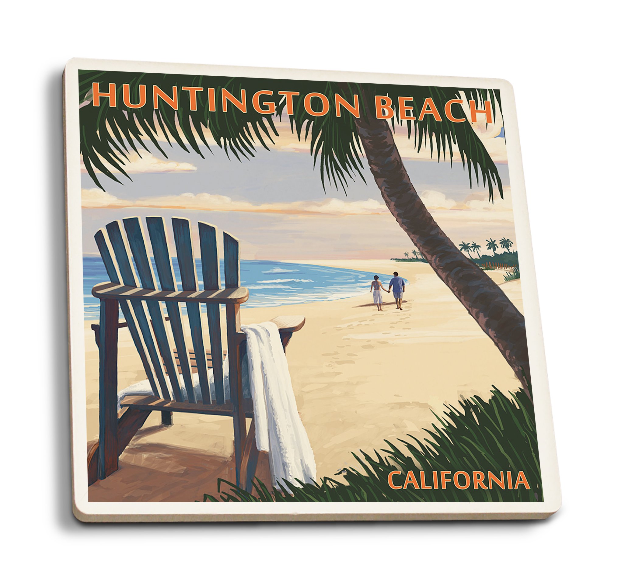 Premium Absorbent Ceramic Coasters Set of 4 - California Huntington Beach & Adirondack Chairs Sunset Design - Cork Backed Kitchen Table Decor for Coffee, Dining, and Outdoor Use