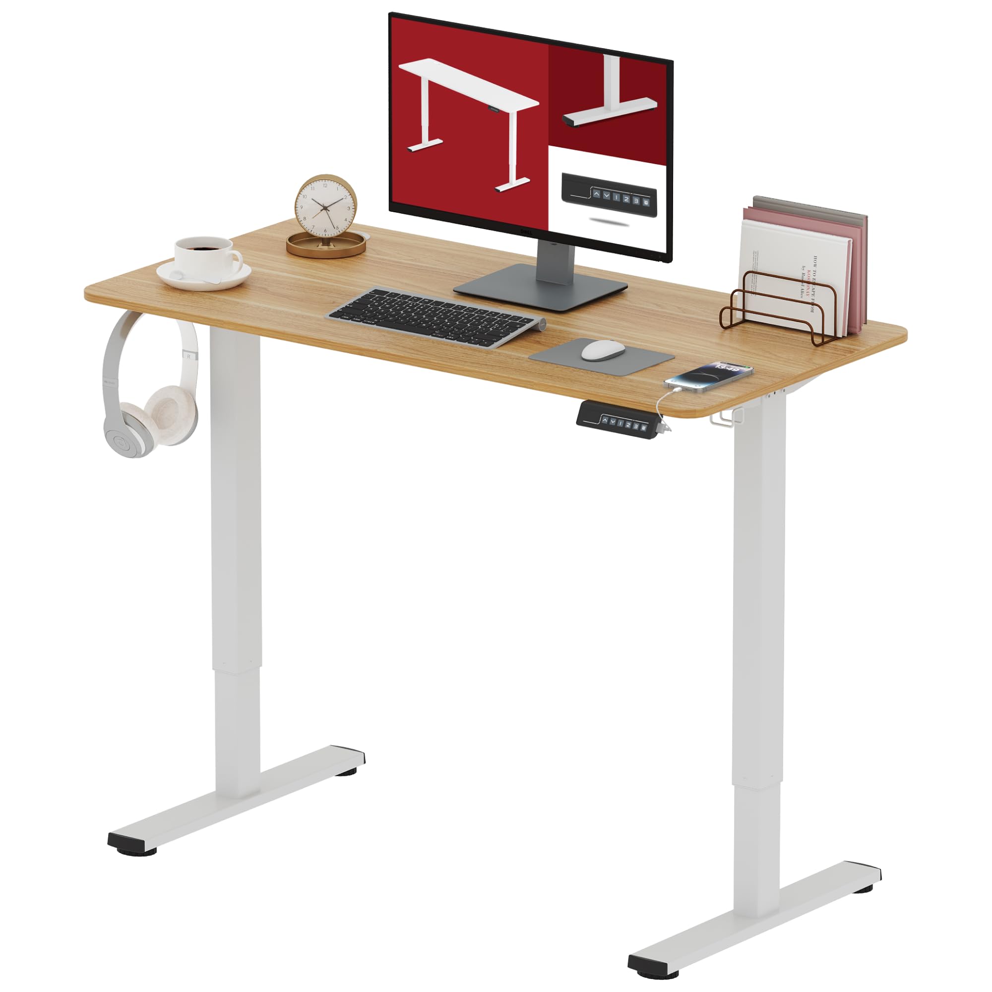SANODESK 40x24 Inch Electric Standing Desk - Height Adjustable Home Office Desk with Splice Board (White Frame & Maple Top) | Ergonomic Sit Stand Workstation for Home Office, Gaming & Remote Work