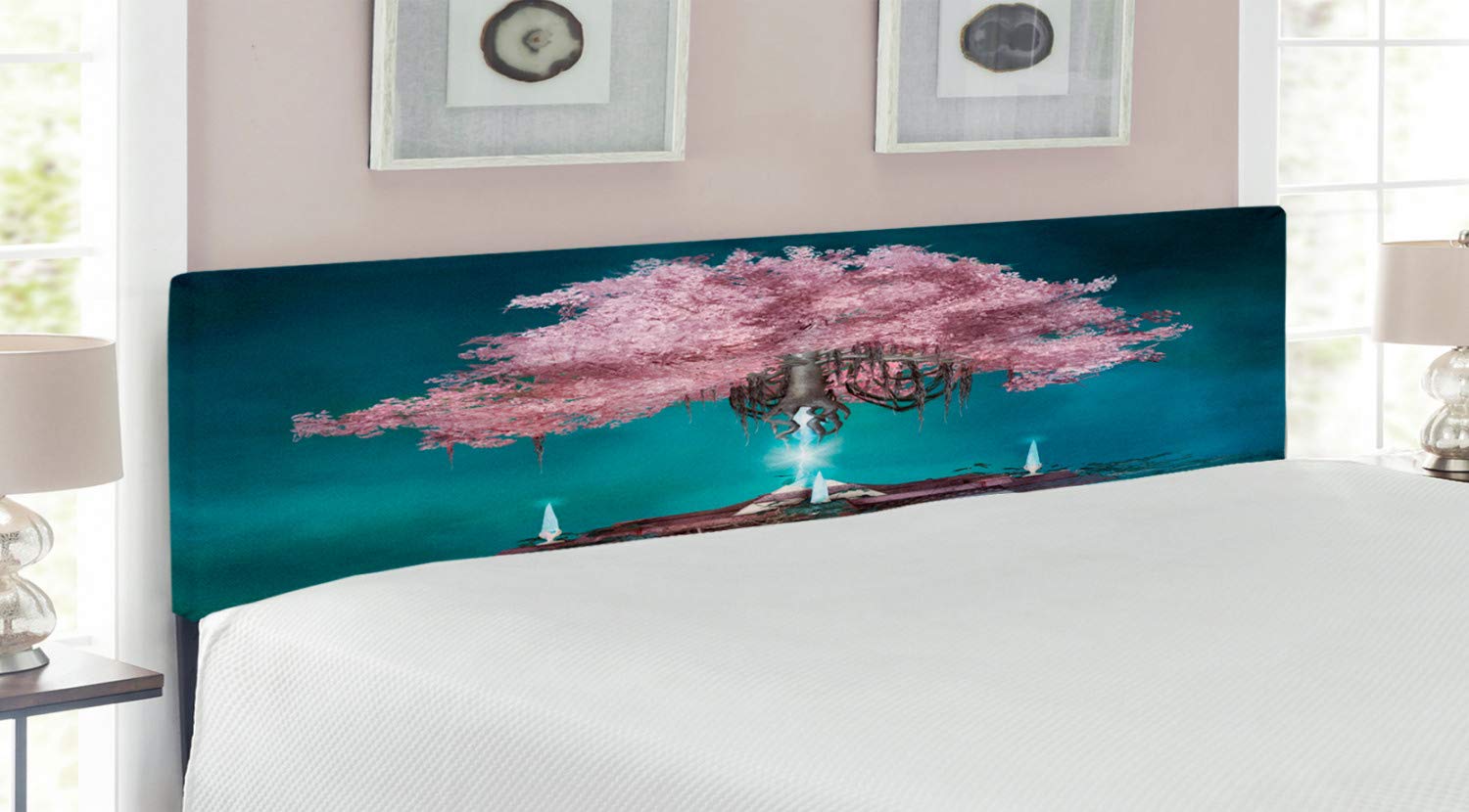Ambesonne King Size Upholstered Metal Headboard with Memory Foam - Supernatural Blossom Plant Design in Lilac Petrol Blue | Decorative Bed Headboard for Modern Bedrooms, Guest Rooms & Master Suites