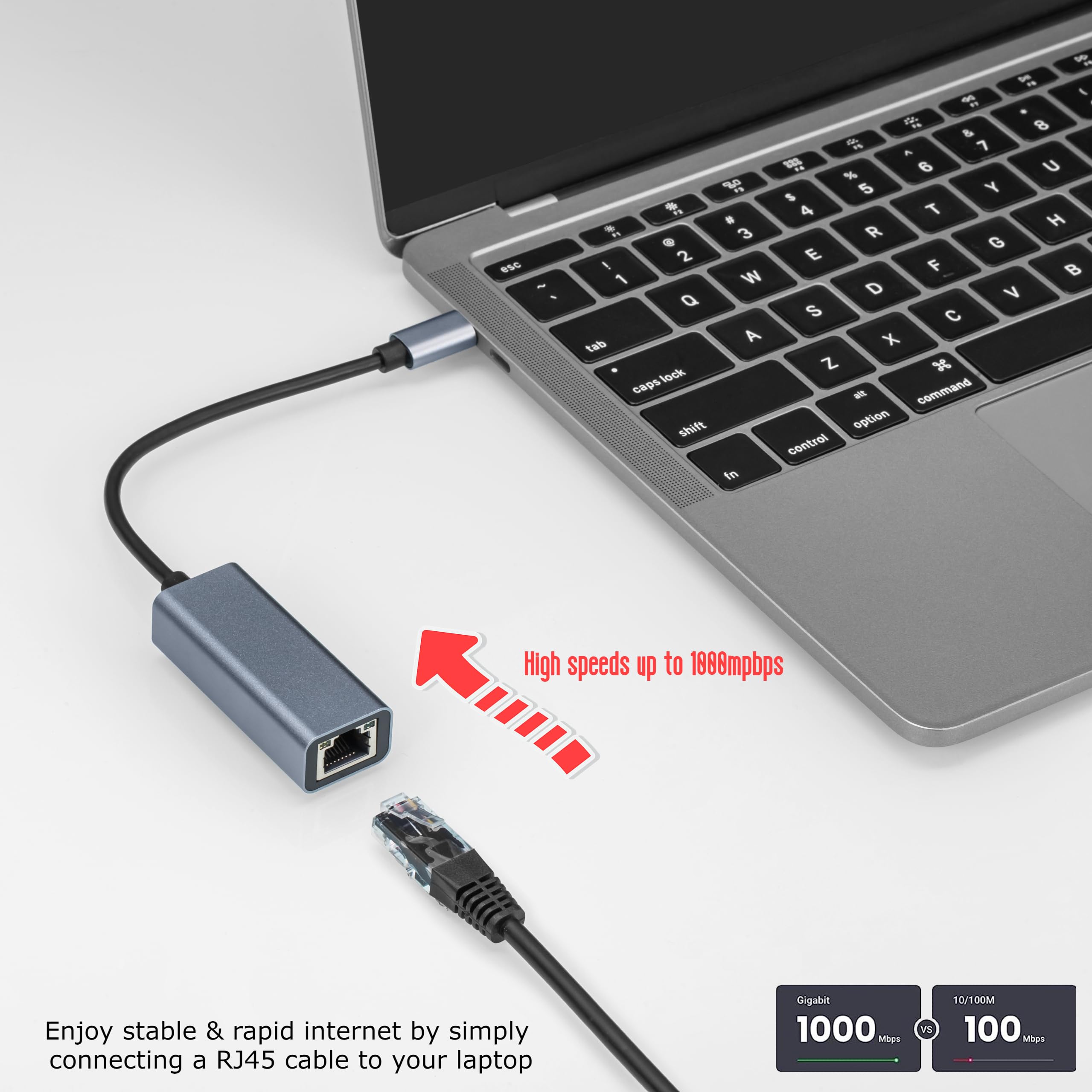 Nikkai Aluminum USB-C to RJ45 Gigabit Ethernet Adapter - 0.25m Cable for MacBook Pro/Air, iPad Pro, Dell XPS, Lenovo ThinkPad - Fast Wired Internet for Home Office, Gaming & Streaming