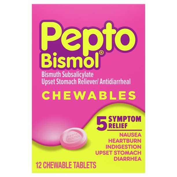 Pepto Bismol Original Chewable Tablets - 12 Count per Pack (24 Packs per Case) - Upset Stomach Relief for Heartburn, Indigestion & Diarrhea - Perfect for Travel, Home & Office Use
