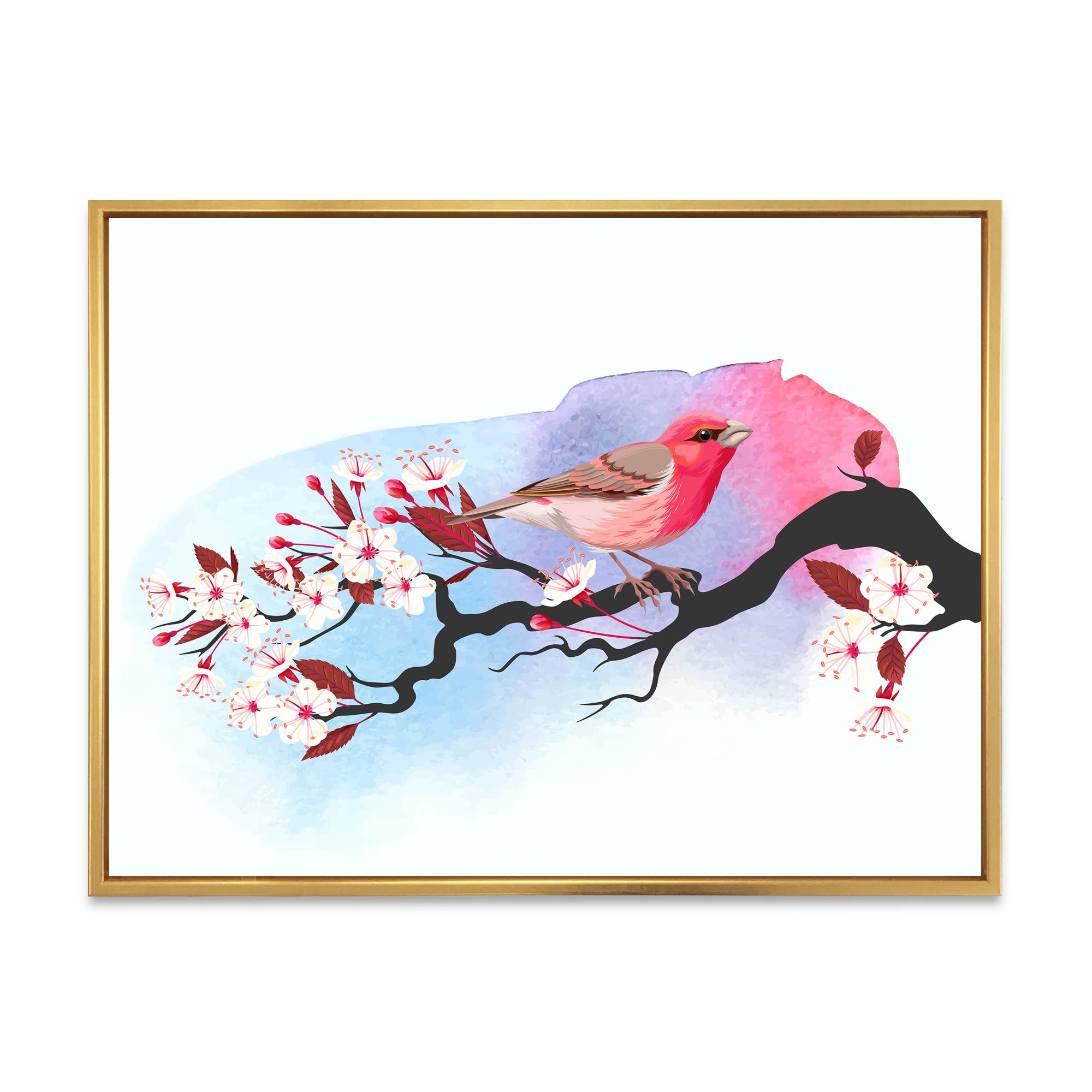 DesignQ Pink Bird on Cherry Branch - Traditional Framed Canvas Wall Art Print for Home Decor, Living Room, Bedroom & Office | Vintage Floral Painting | Ready to Hang Gift