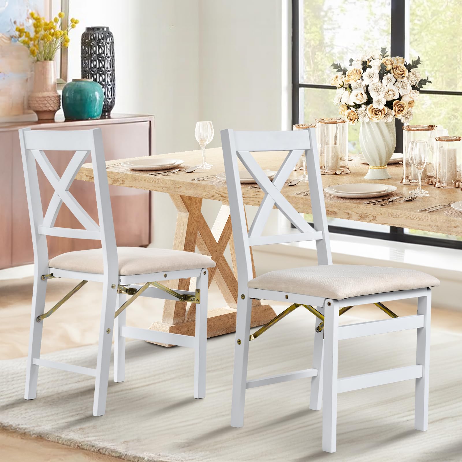 COLAMY Set of 2 Folding Dining Chairs with Padded Seats - Wooden Foldable Chairs for Kitchen, Dining Room, Party & Camping - Space Saving White Chairs for Small Spaces & Outdoor Events