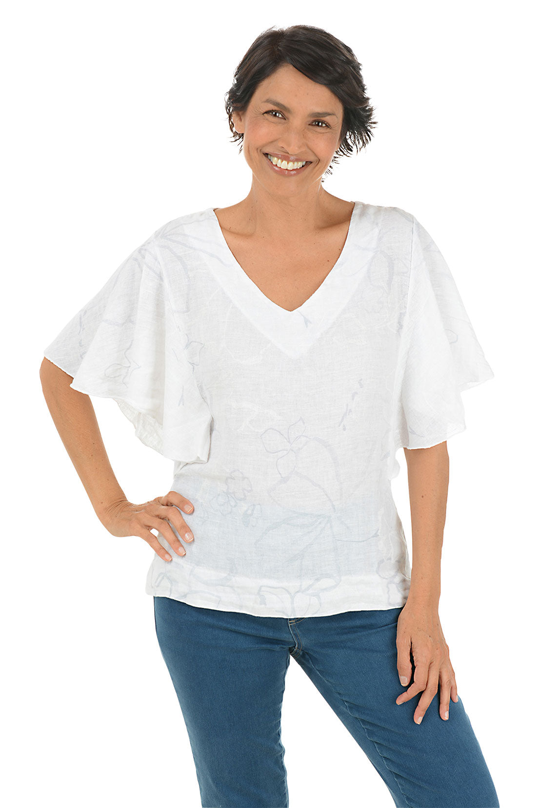 White Floral Flutter Sleeve Linen Blouse for Women - Elegant Summer Top for Office, Date Night & Casual Outings