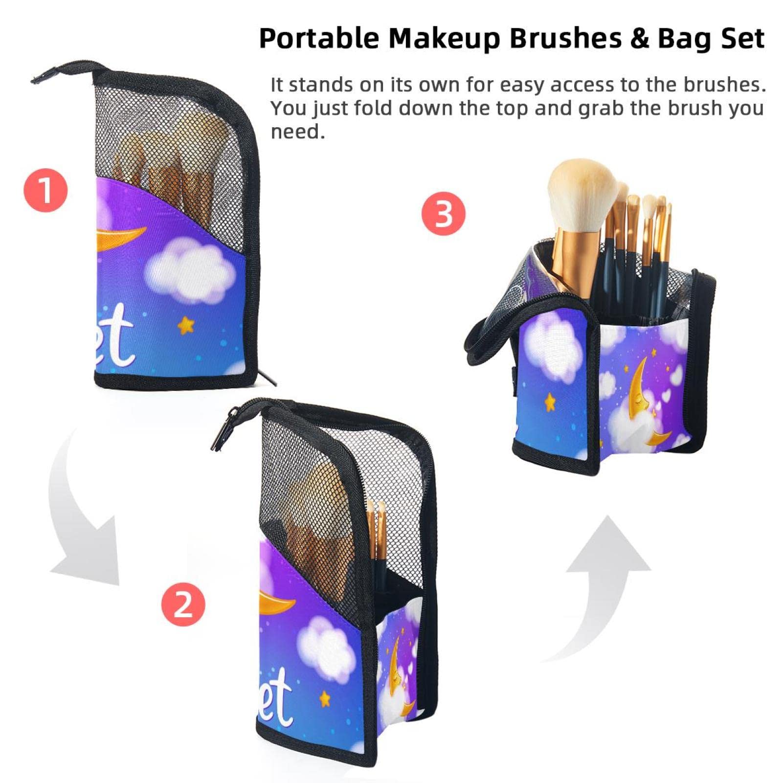 Premium 12-Piece Makeup Brush Organizer Bag - Moon Clouds & Dreams Design, Portable Cosmetic Brush Holder Case for Travel, Home, and Professional Makeup Artists