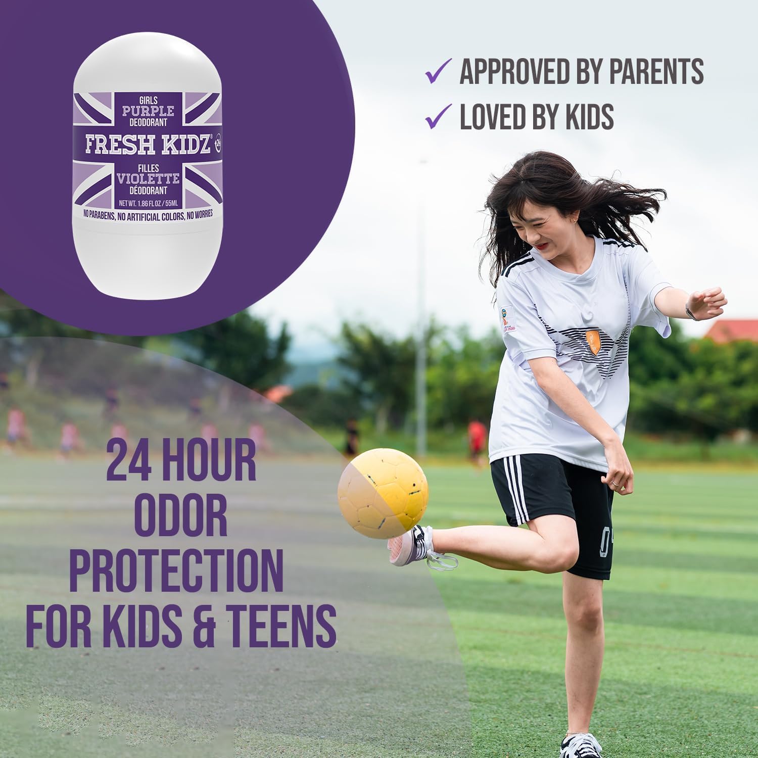 Fresh Kidz Body Wash 16.9 fl.oz. & 2 Roll-On Deodorants 1.86 fl.oz. for Kids & Teens - Girls Purple Set | Gentle Cleansing & Odor Protection | Perfect for School, Sports & Daily Hygiene