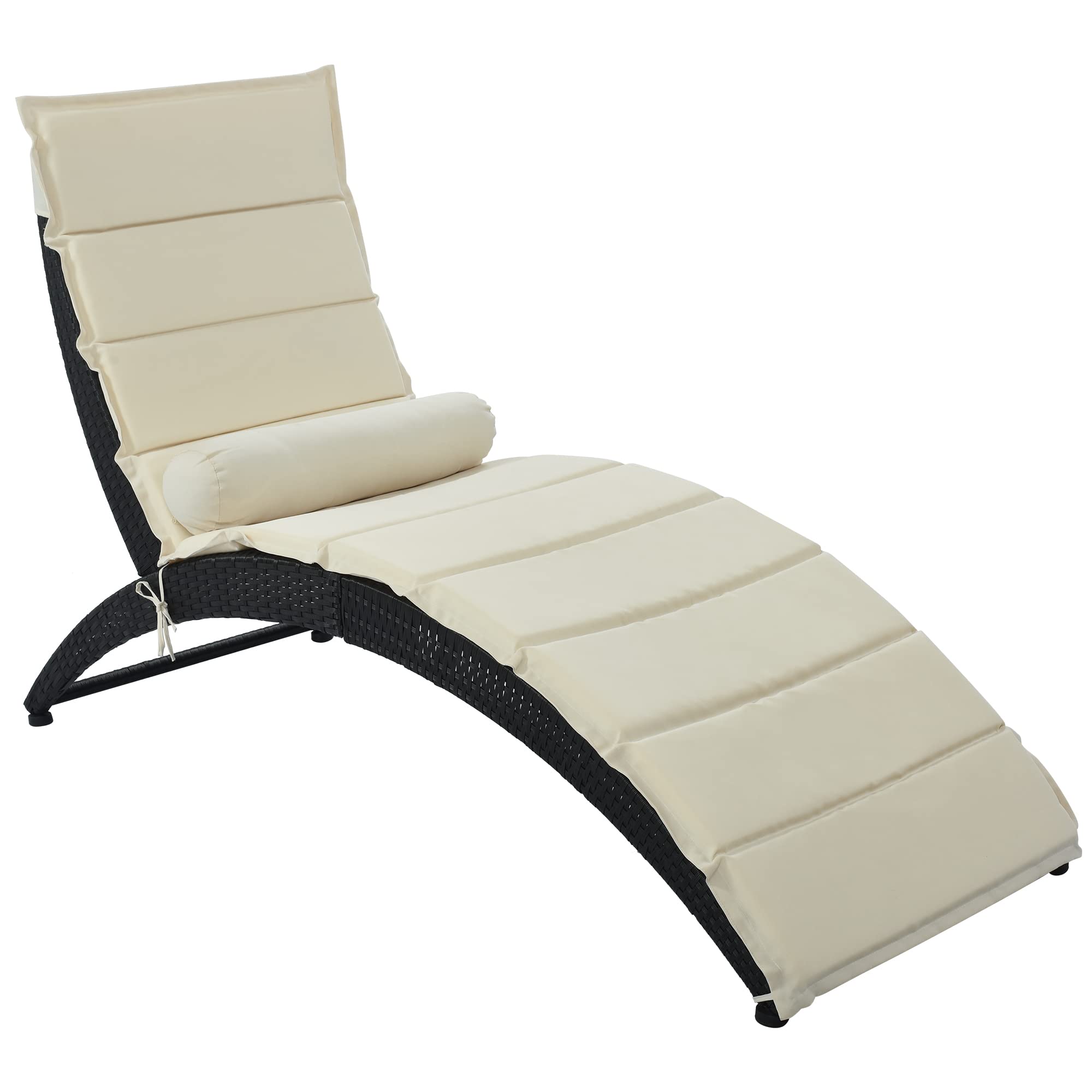 Foldable PE Rattan Sun Lounger Chair with Removable Cushion & Pillow - Outdoor Patio Furniture for Backyard, Garden, Poolside, Balcony - Wicker Chaise Lounge for Relaxing in Black & Beige