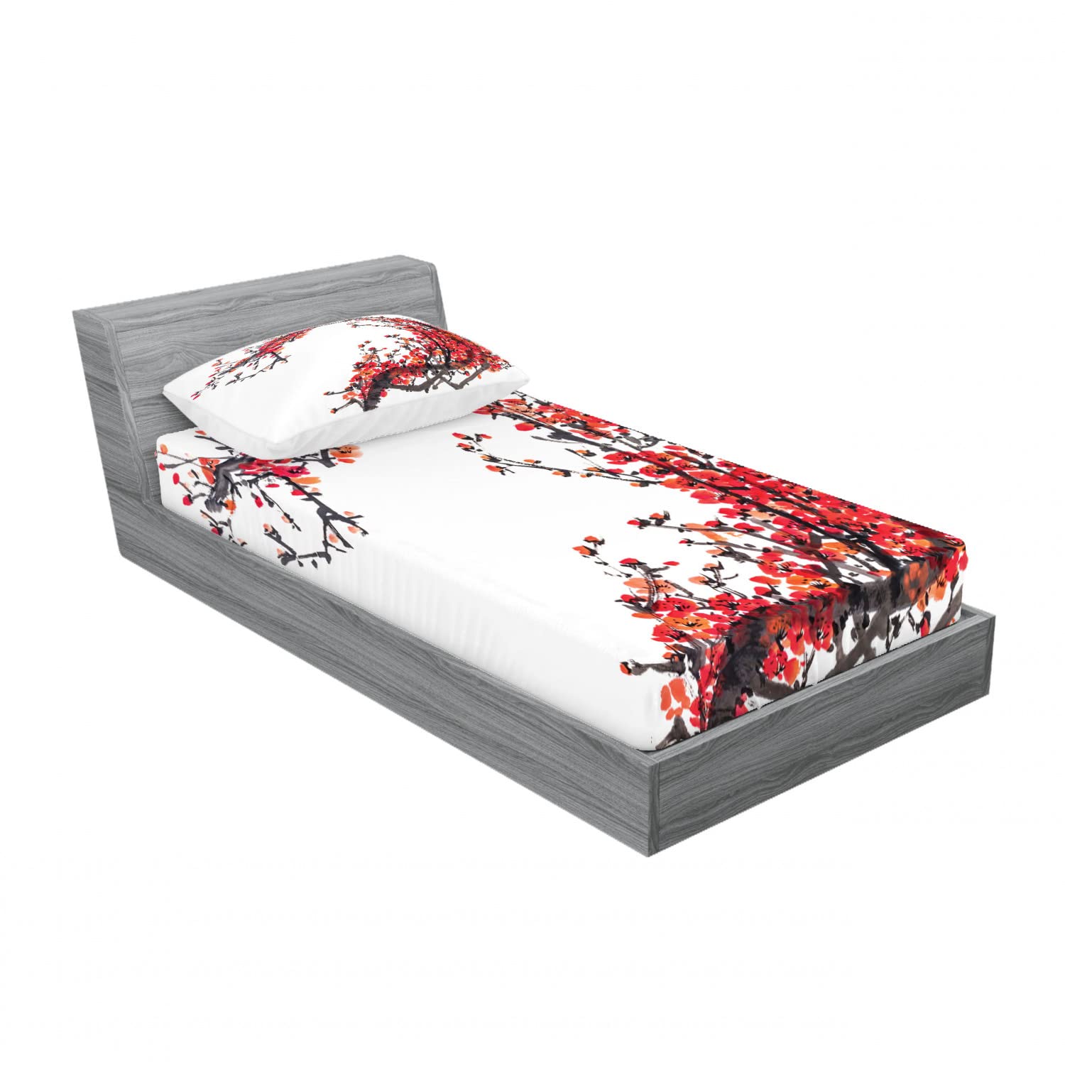 Ambesonne Japanese Cherry Blossom 2-Piece Twin Fitted Sheet & 2-Piece Pillow Sham Set - Sakura Floral Bedding Decor in Red & Brown - Perfect for Spring Bedroom, Guest Room & Dorm Room Decor