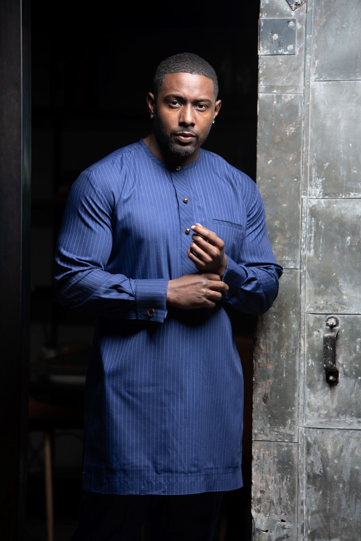 Crowned King Kaftan Blue Pinstripe Ohene 2.2 Executive Men's Luxury Robe - Perfect for Lounging, Spa Days & Resort Wear