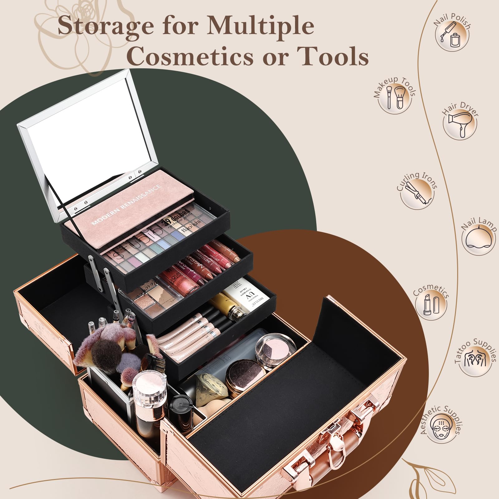 FRENESSA 11.8 Inch Extra Large Makeup Train Case with Mirror - 3-Tier Cosmetic Organizer for Makeup Artists, Nail Tech & Sewing Supplies - Rose Gold Floral Travel Storage Box | Perfect for Professional Salon Use, Travel & Home Organization