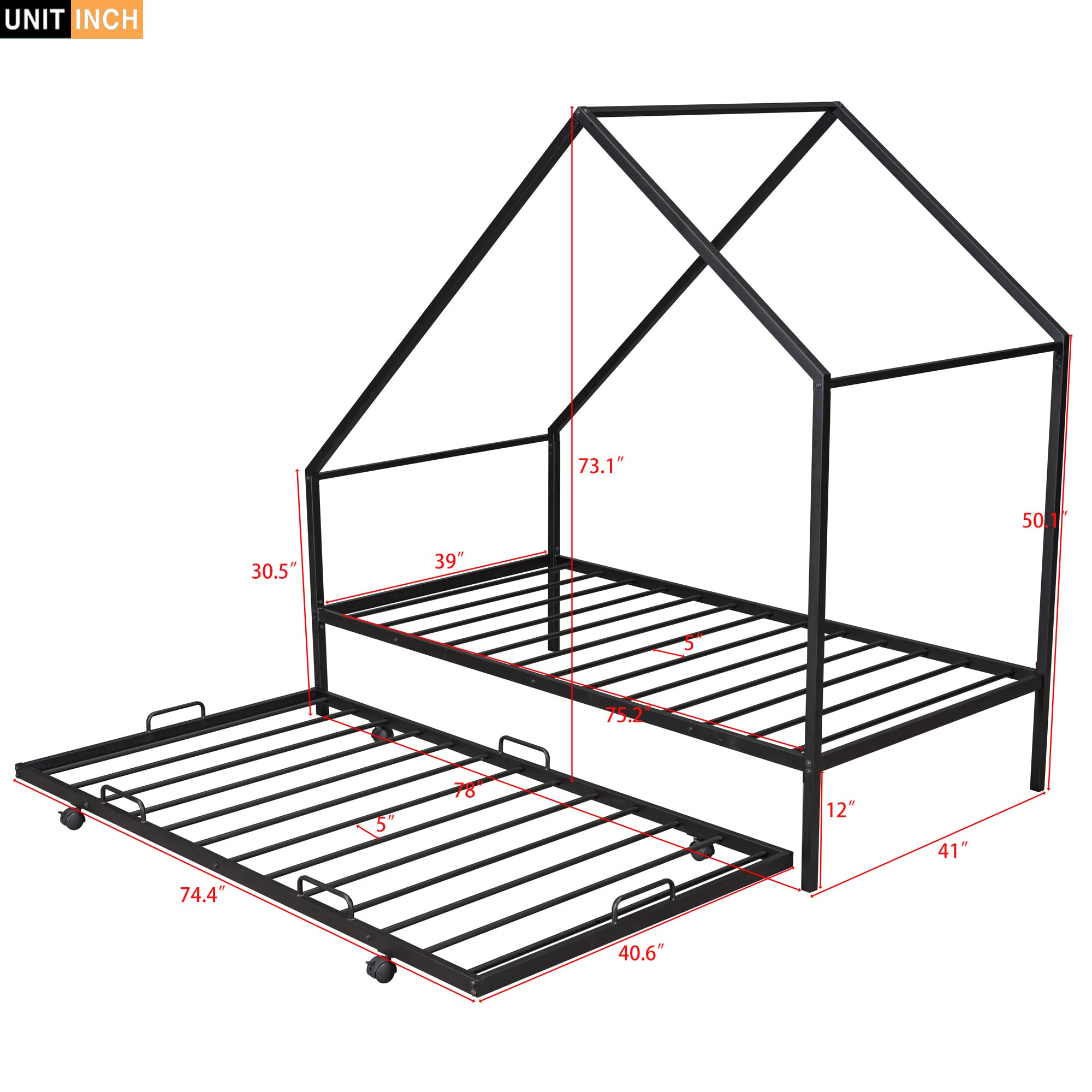 Bellemave Twin Size House Bed with Trundle - Metal Canopy Bed Frame for Kids, Girls & Boys | No Box Spring Needed | Montessori & Teen Bedroom Furniture | Perfect for Small Spaces, Sleepovers & Playrooms