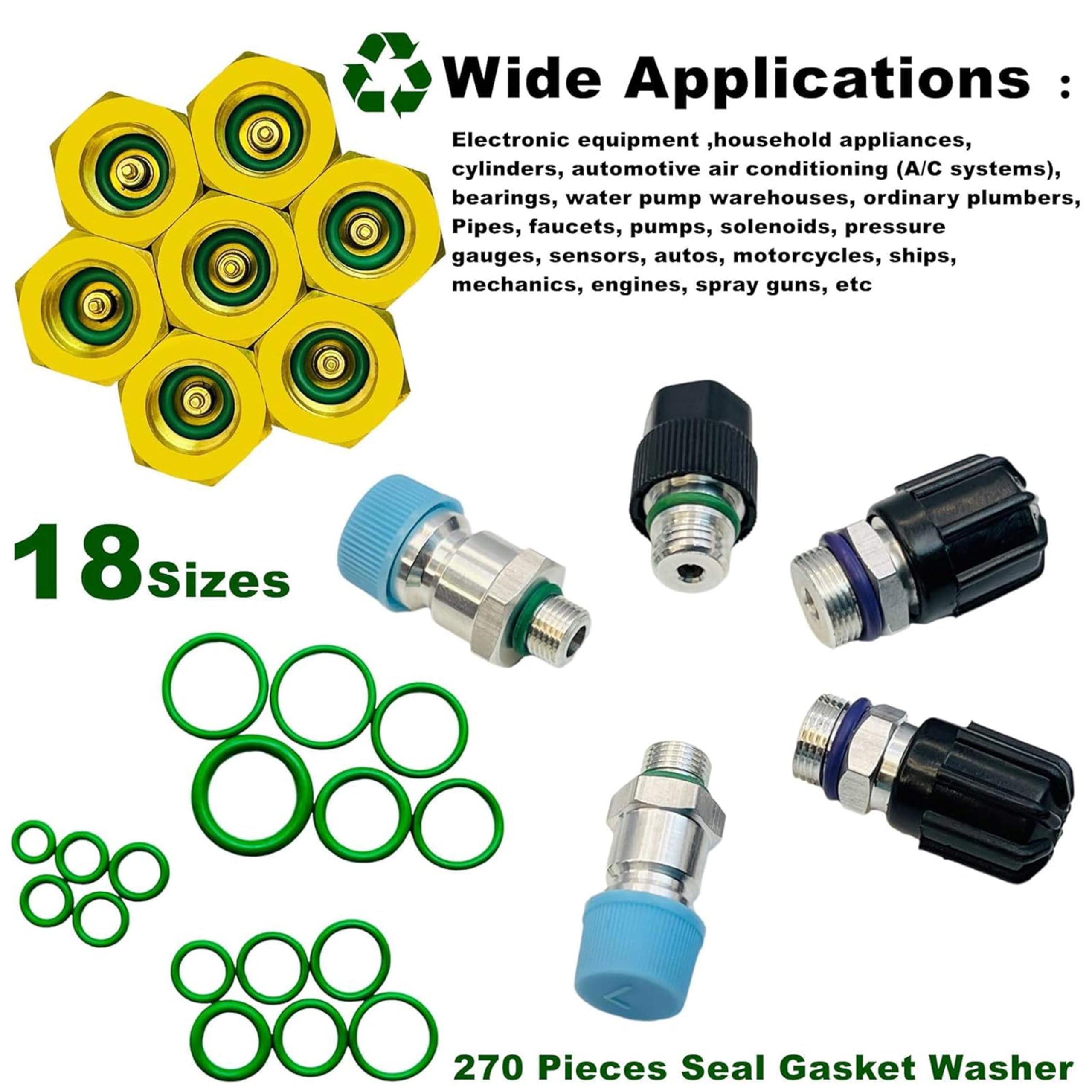 270pcs Rubber O-Ring Kit - 18 Sizes Universal Sealing Gasket Washer Set for Car AC Repair, Plumbing, Pumps, Bearings & Appliances (Green) - Perfect for Automotive, Home & Industrial Maintenance