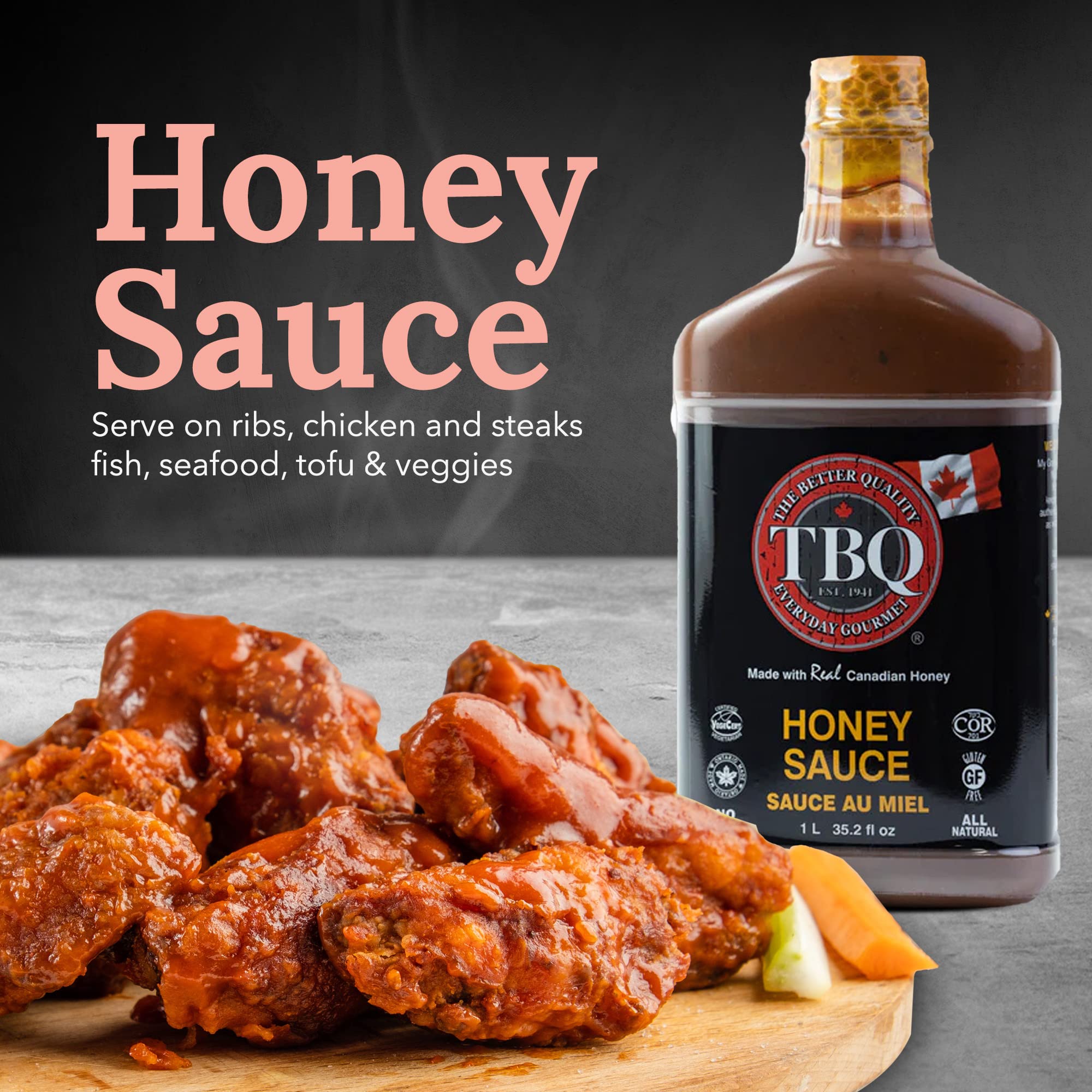 TBQ – Honey Barbecue Sauce | Vegan Honey Hot BBQ Sauce | Kosher & MSG-Free Marinade for Salmon, Ribs, Vegetables | Made with Real Canadian Honey | 1L (35.2 fl oz) | Perfect for Grilling, Roasting & Dipping