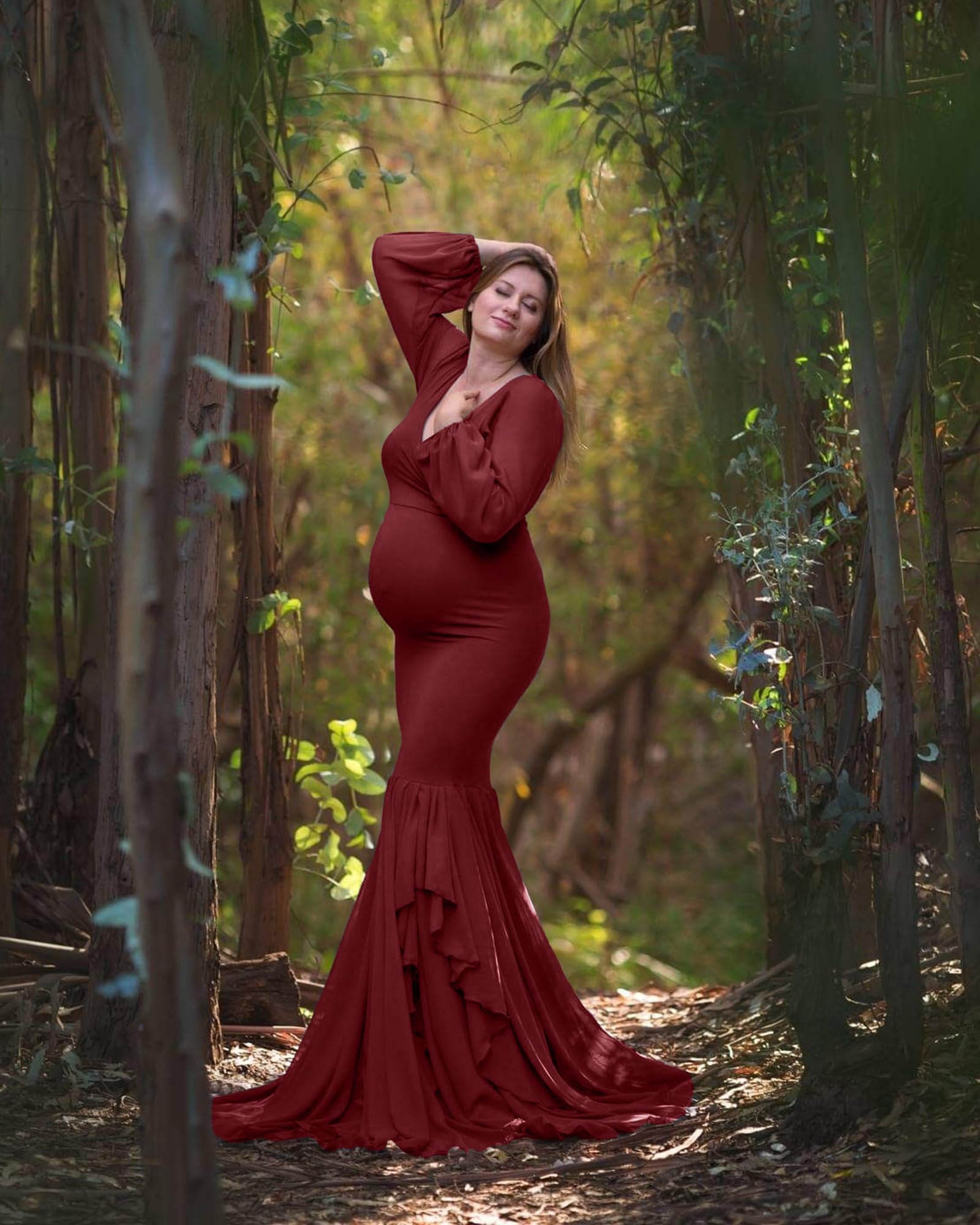 Saslax Elegant Long Chiffon Sleeve Mermaid Maternity Dress for Photoshoot, Baby Shower, Pregnancy Photos & Special Occasions | Flattering Fit for Expecting Mothers