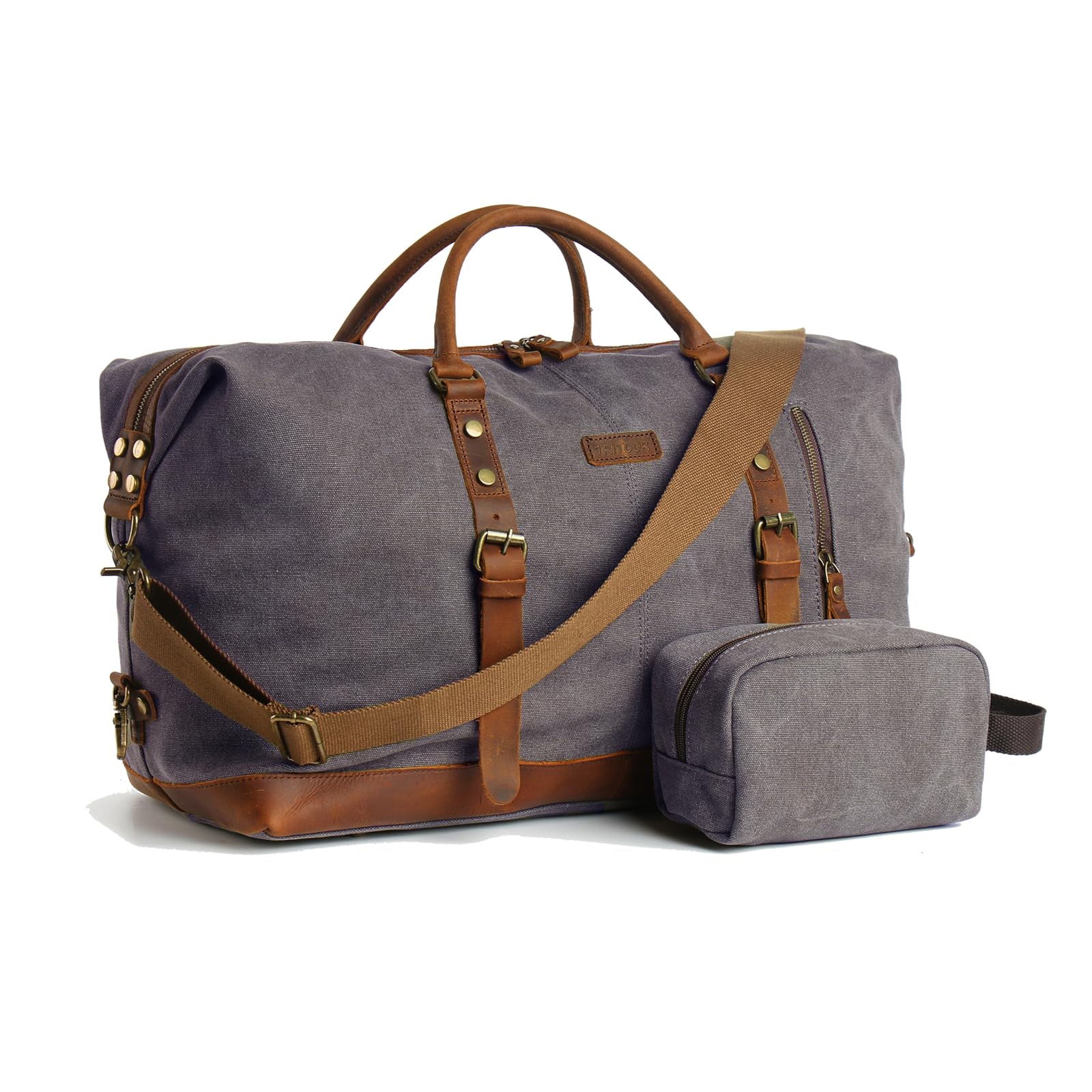 Premium Men's Duffle Bag - Waterproof Leather & Canvas Weekender Travel Bag with Detachable Toiletry Pouch | Perfect for Gym, Business Trips & Weekend Getaways