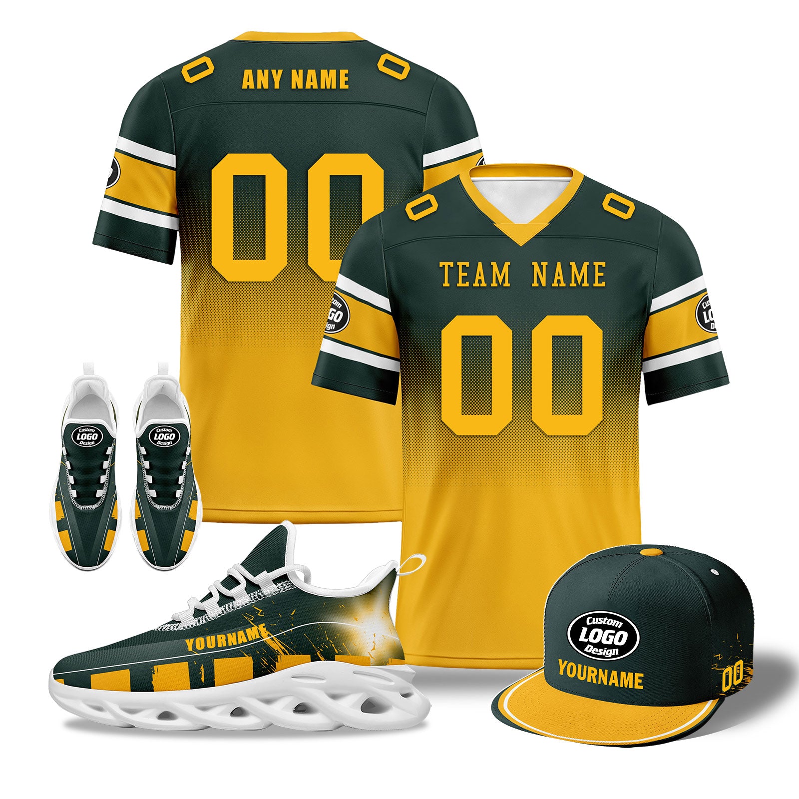 Custom Green & Yellow Green Bay Packers Football Shoes & Hat Combo - Personalized Fan Gear for Men & Women | Game Day Outfit, Tailgating & Sports Events