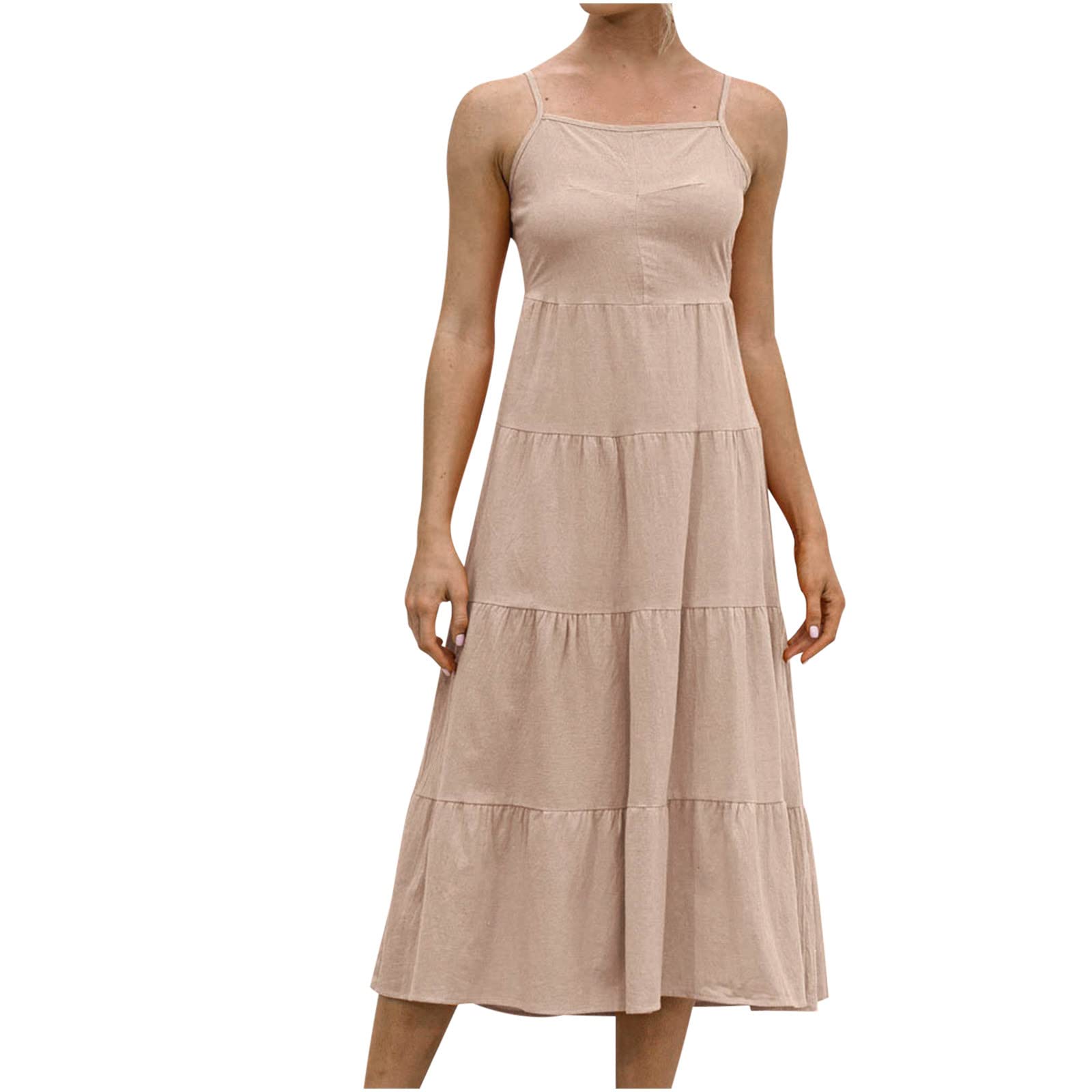 Women's Summer Sundresses 2022 - Casual Square Neck Sleeveless Open Back Lace Slim Fit Maxi Dress with Solid & Plaid Print | Beach Cover Up, Vacation Wear, Outdoor Party Dress, Loose Waist Long Flowy Dress for Women