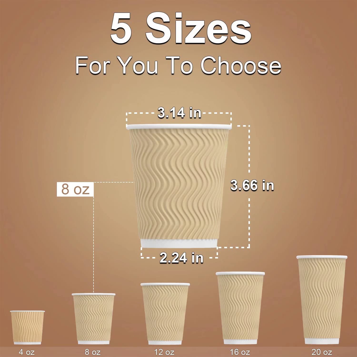 8 oz Disposable Insulated Coffee Cups - 100 Pack Brown Corrugated Ripple Wall Paper Hot Drink Cups for Coffee, Tea, Hot Chocolate - Perfect for Cafes, Offices, and Takeout