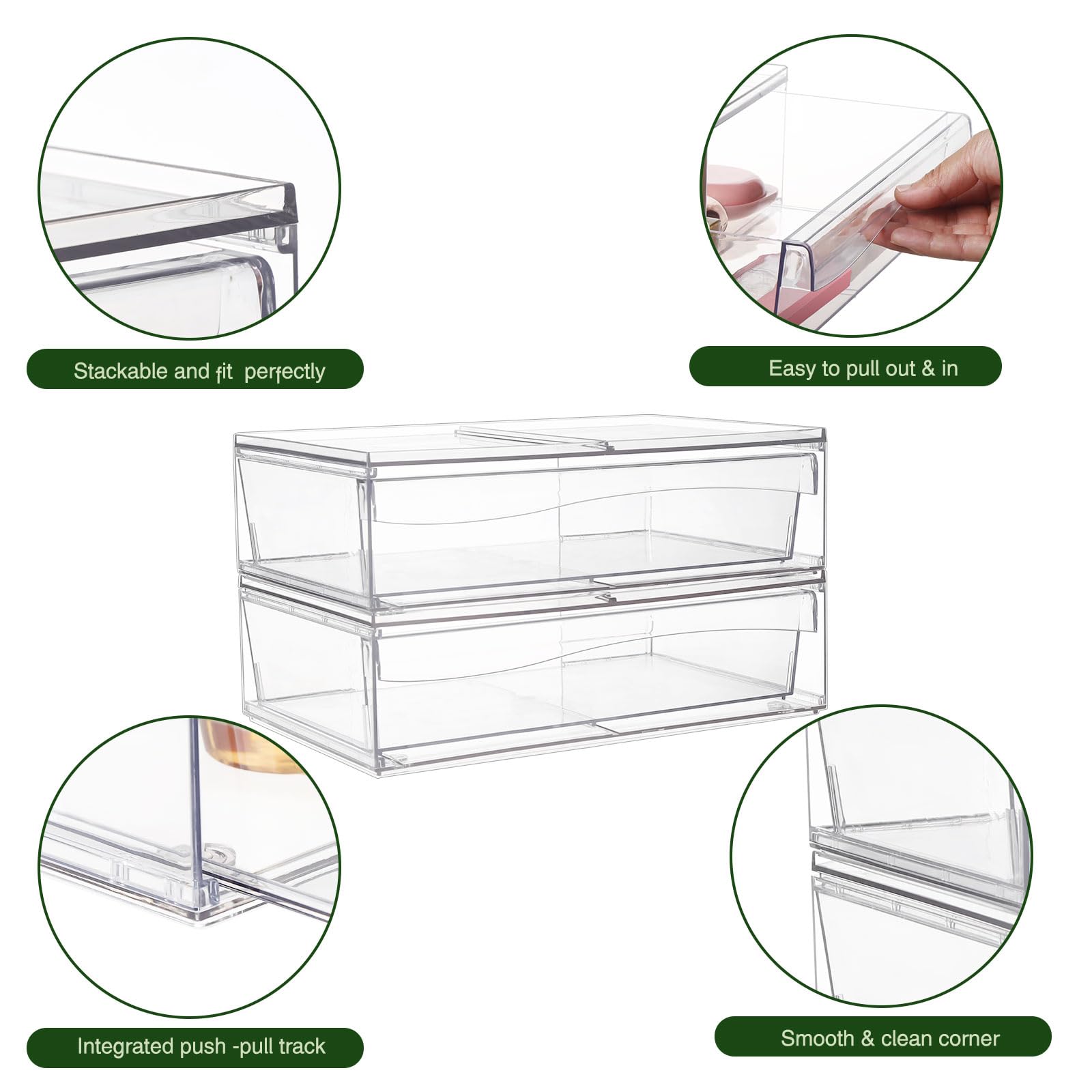 Clear Acrylic Makeup Organizer with 2 Drawers - Stackable Cosmetic Storage Box for Vanity, Bathroom & Desk - 3-Piece Set for Makeup Brushes, Skincare & Jewelry Organization