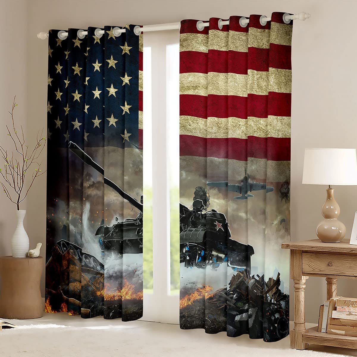 American Flag Military Camo Window Curtains - 2 Panels 42x84 Inches, Army Tank Fighter Aircraft Design for Boys & Men's Bedroom, Living Room Decor - Perfect for Patriotic Home, Office & Dorm Room Decorations